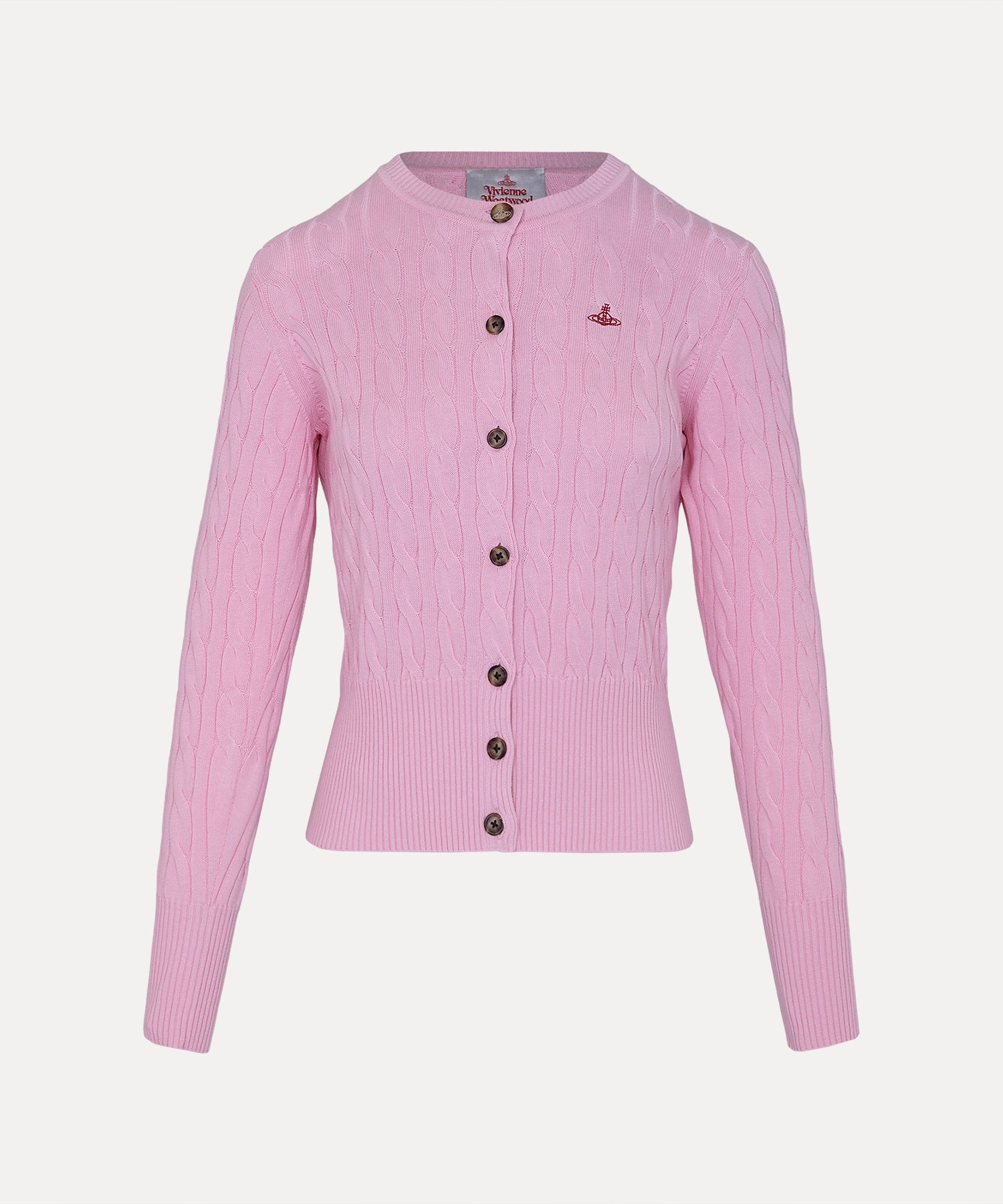 ケーブル クルーネックカーディガン(ピンク)（レディース