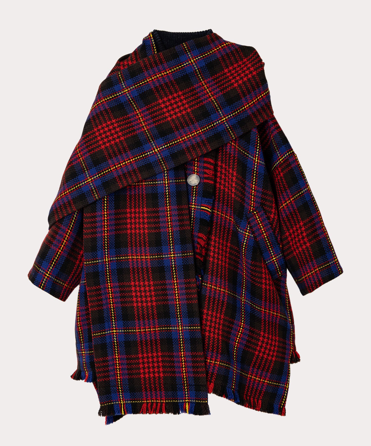 チェックフリンジ マフラー付きコート(ネイビー)（レディース
