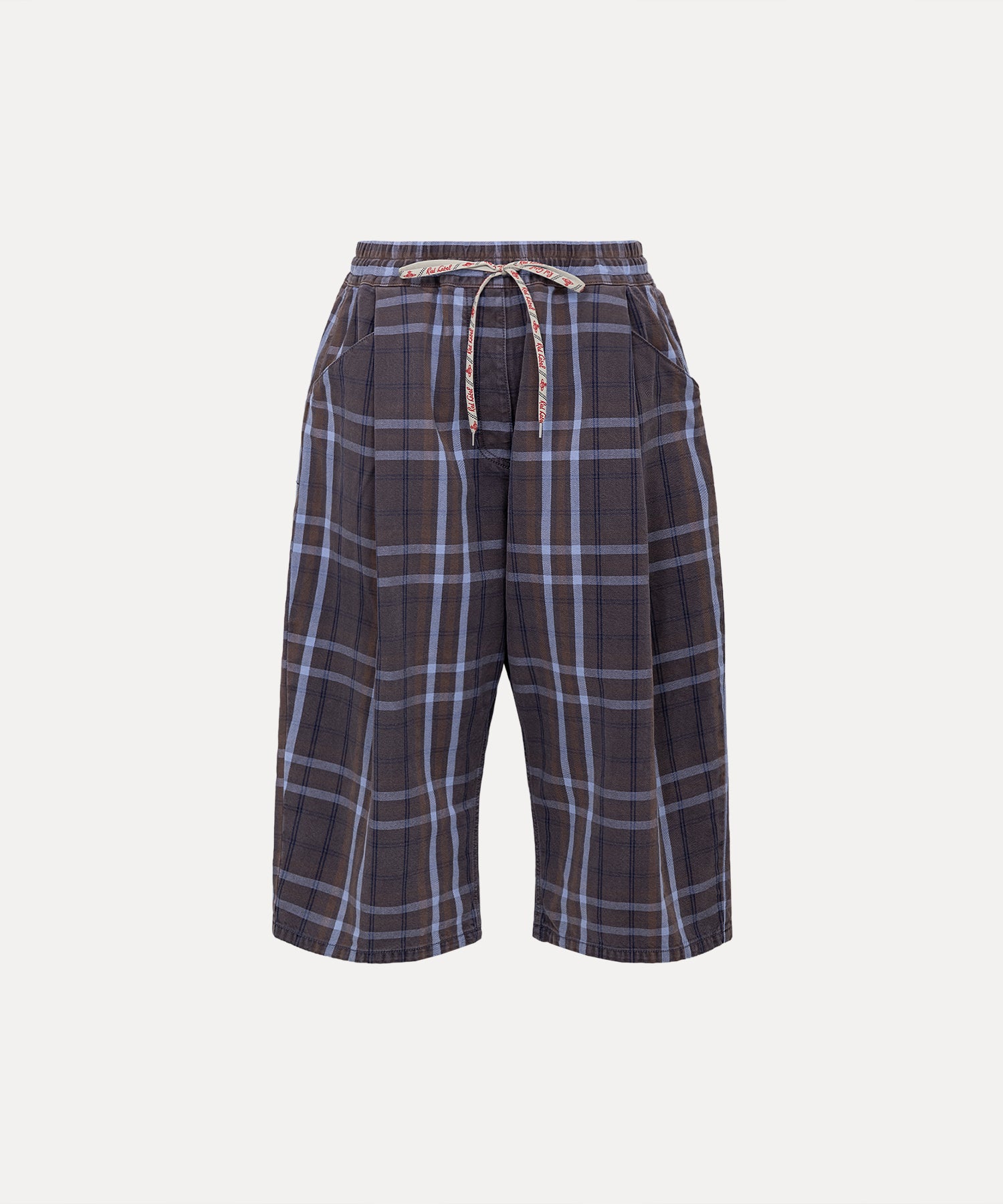 タータンチェックデニム タックハーフパンツ(グレー系)（レディース