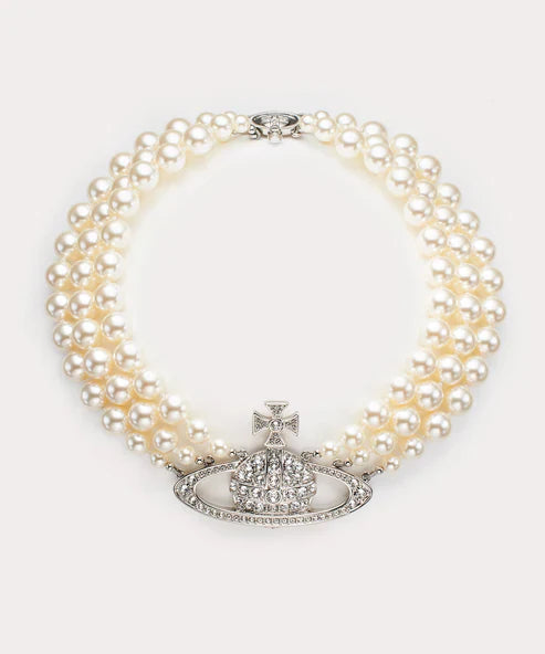 THREE ROW PEARL BAS RELIEF チョーカー(シルバー)（メンズ