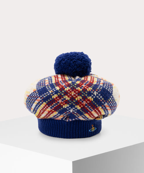 ヴィヴィアンウエストウッド　ベレー帽　ポンポン　ブロックチェック　ブルー　グレー 中古・古着通販】Vivienne Westwood (ヴィヴィアンウエスト