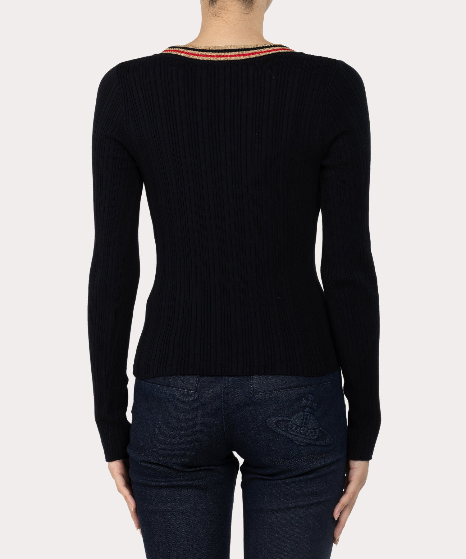 Vivienne Westwood Vネック ニット　オフショル　ウール　ORB ORBワッペン リブニットプルオーバー(ブラック)（レディース