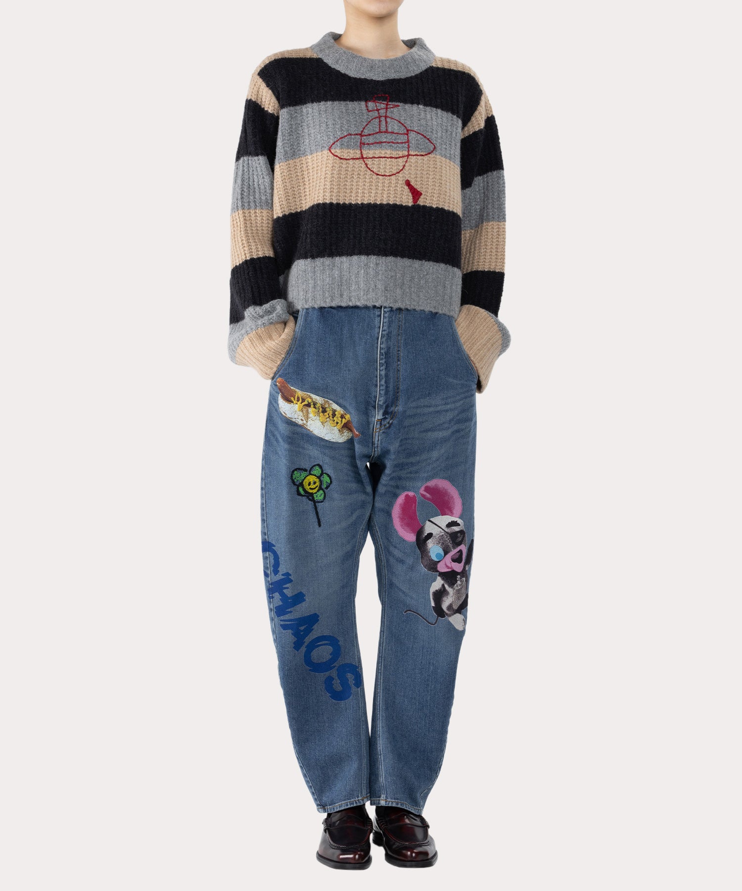 へアリーストライプ ステッチORBニット(グレー)（レディース