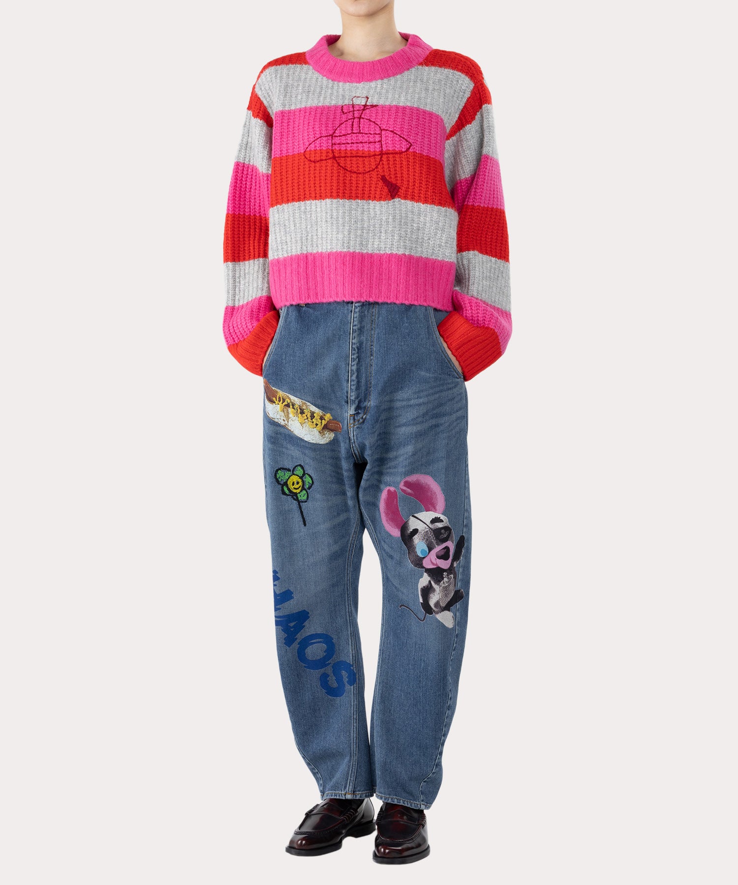 激レア　ヴィヴィアンウェストウッド　ビッグオーブロゴ　ボーダートップス Y2K へアリーストライプ ステッチORBニット(ピンク)（レディース