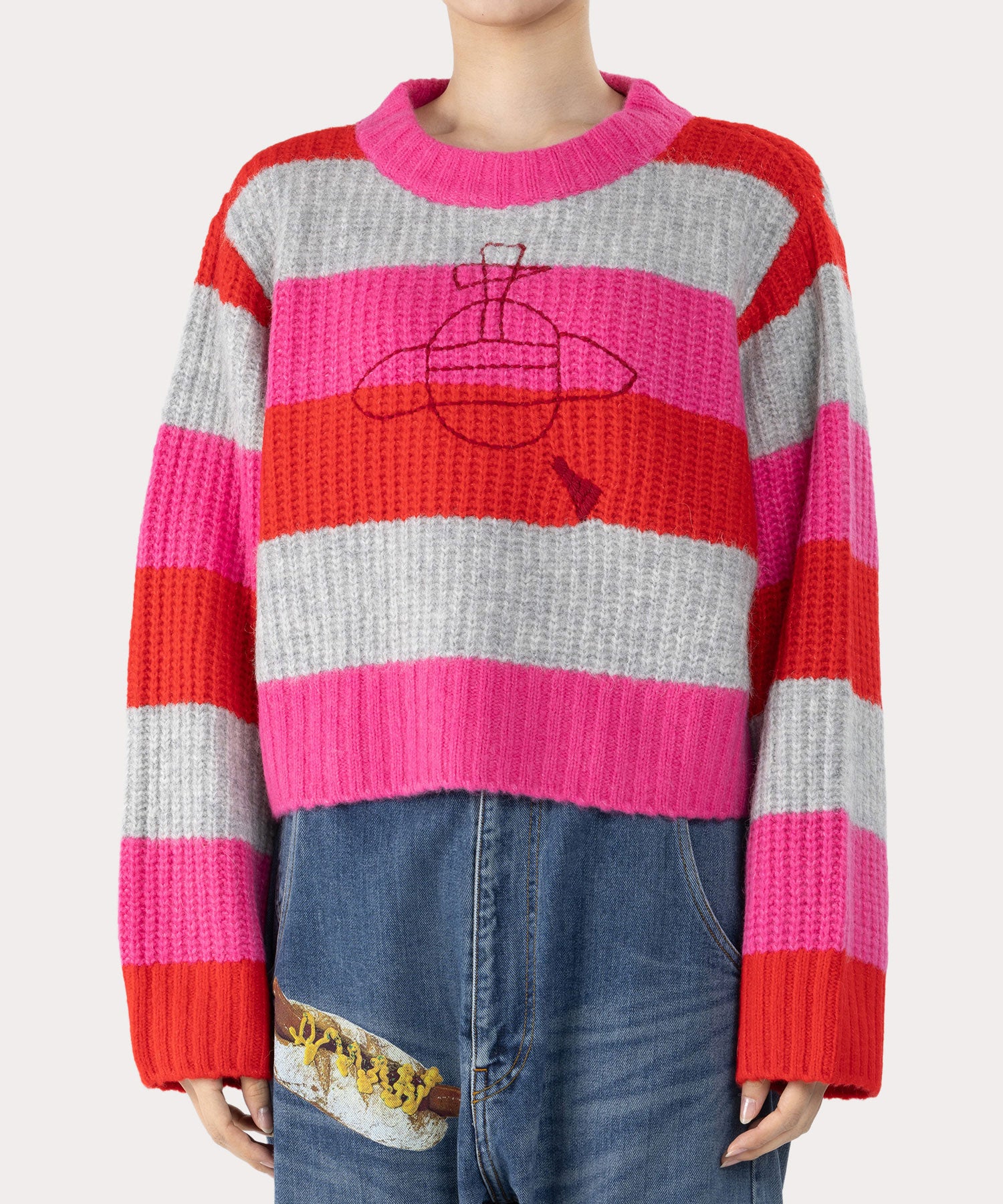 へアリーストライプ ステッチORBニット(ピンク)（レディース