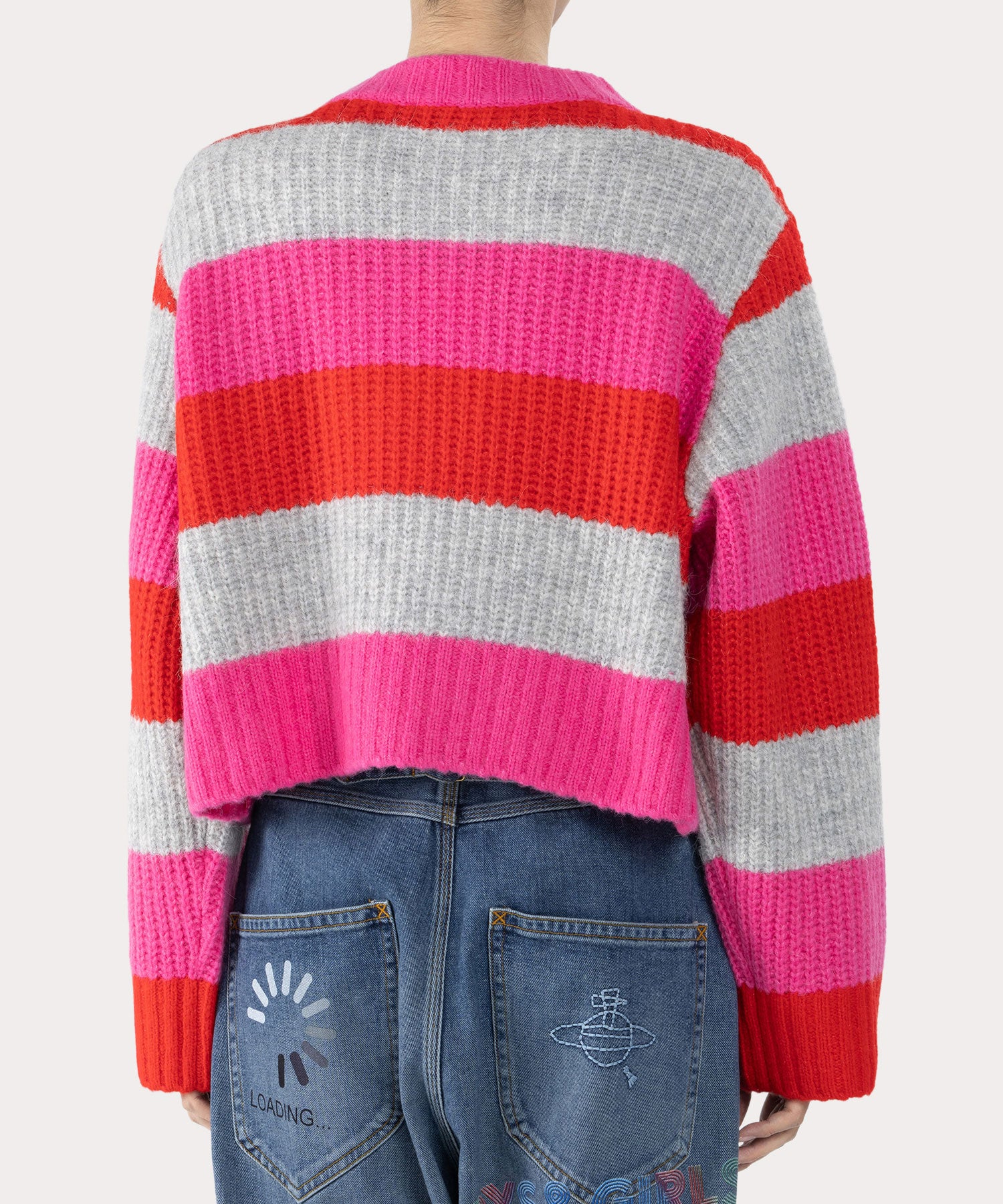 へアリーストライプ ステッチORBニット(ピンク)（レディース