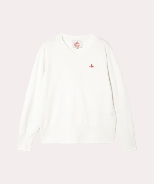 ウーレンベーシック Vネックニット(ホワイト)（レディース