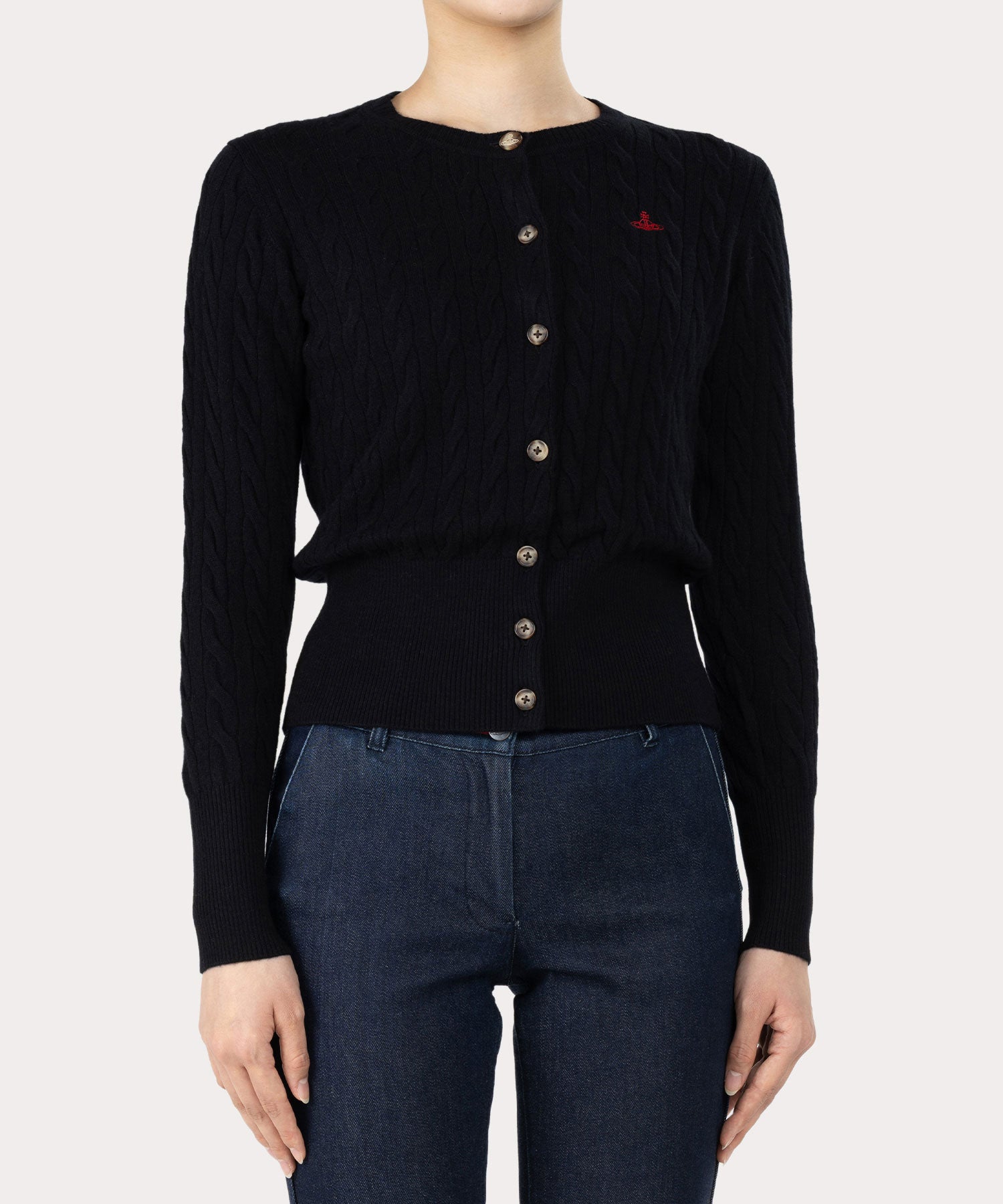 ウーレンケーブル クルーネックカーディガン(ブラック)（レディース