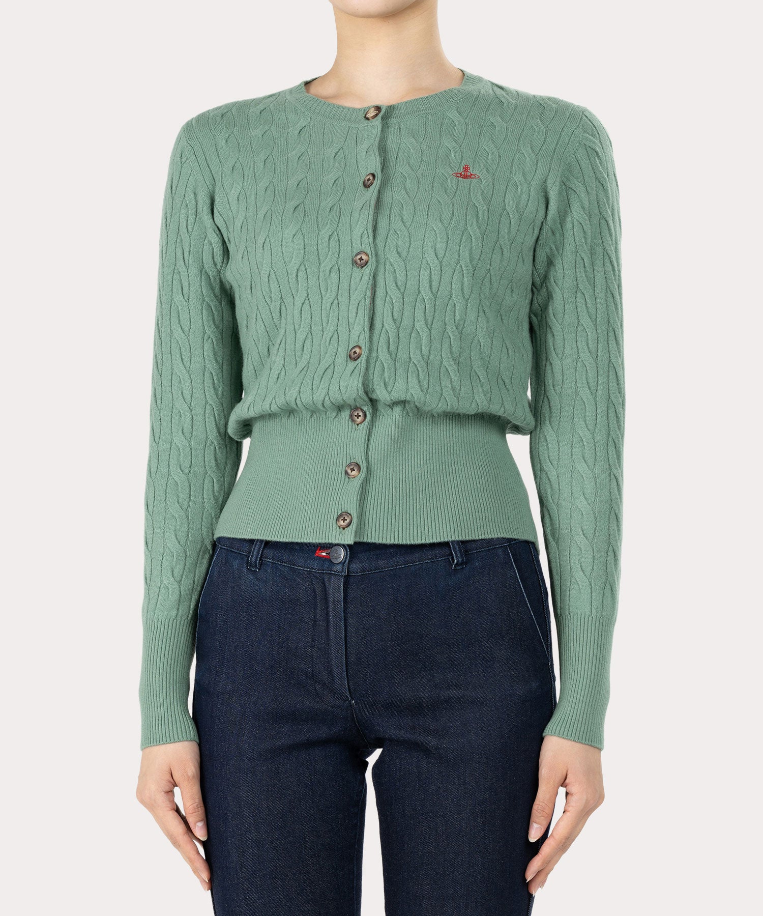 ウーレンケーブル クルーネックカーディガン(グリーン)（レディース