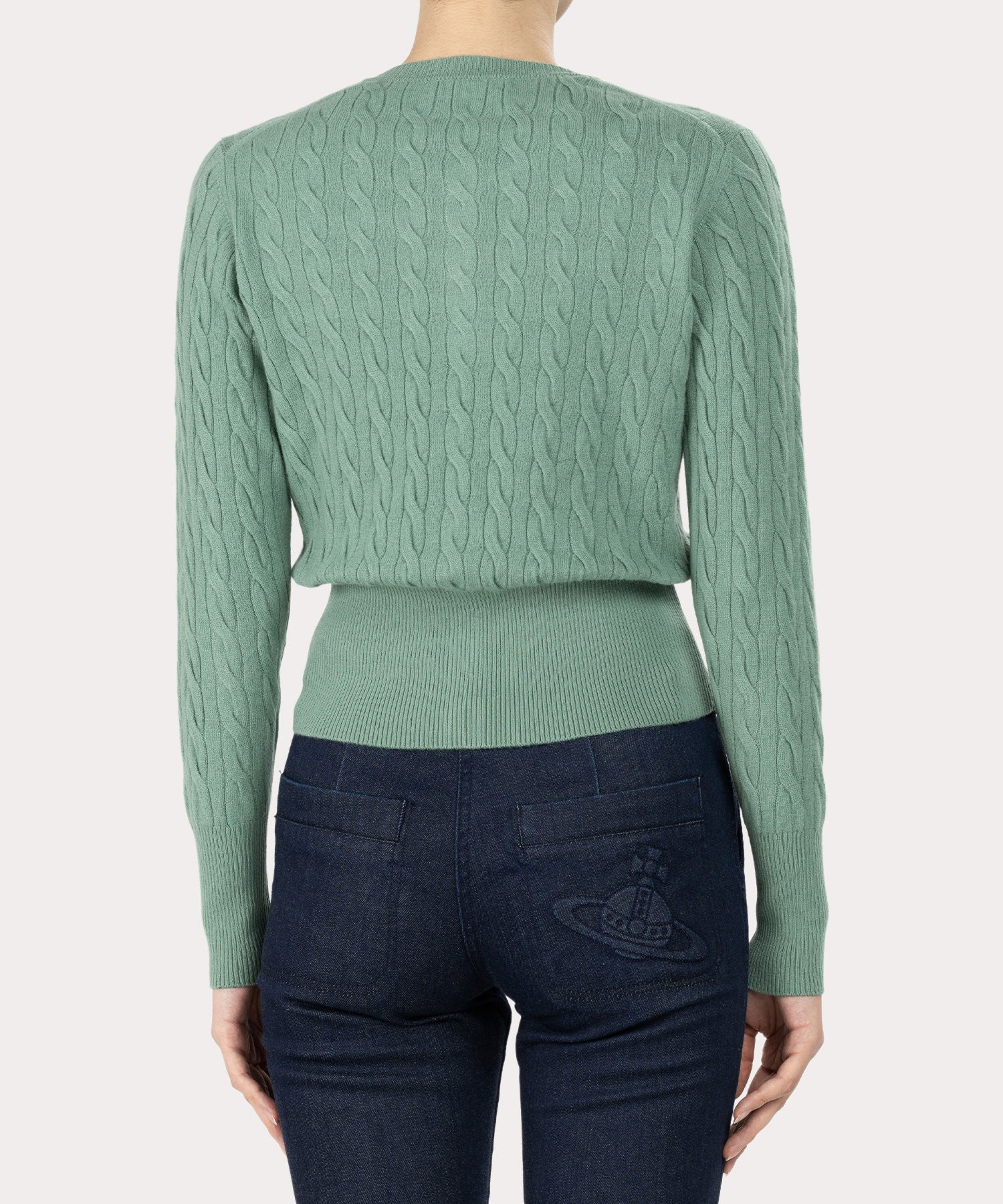 ウーレンケーブル クルーネックカーディガン(グリーン)（レディース