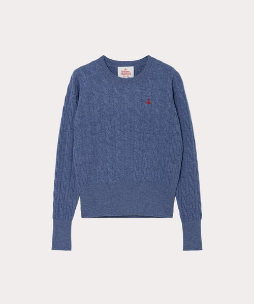 ウーレンケーブル クルーネックニット(ブルー)（レディース