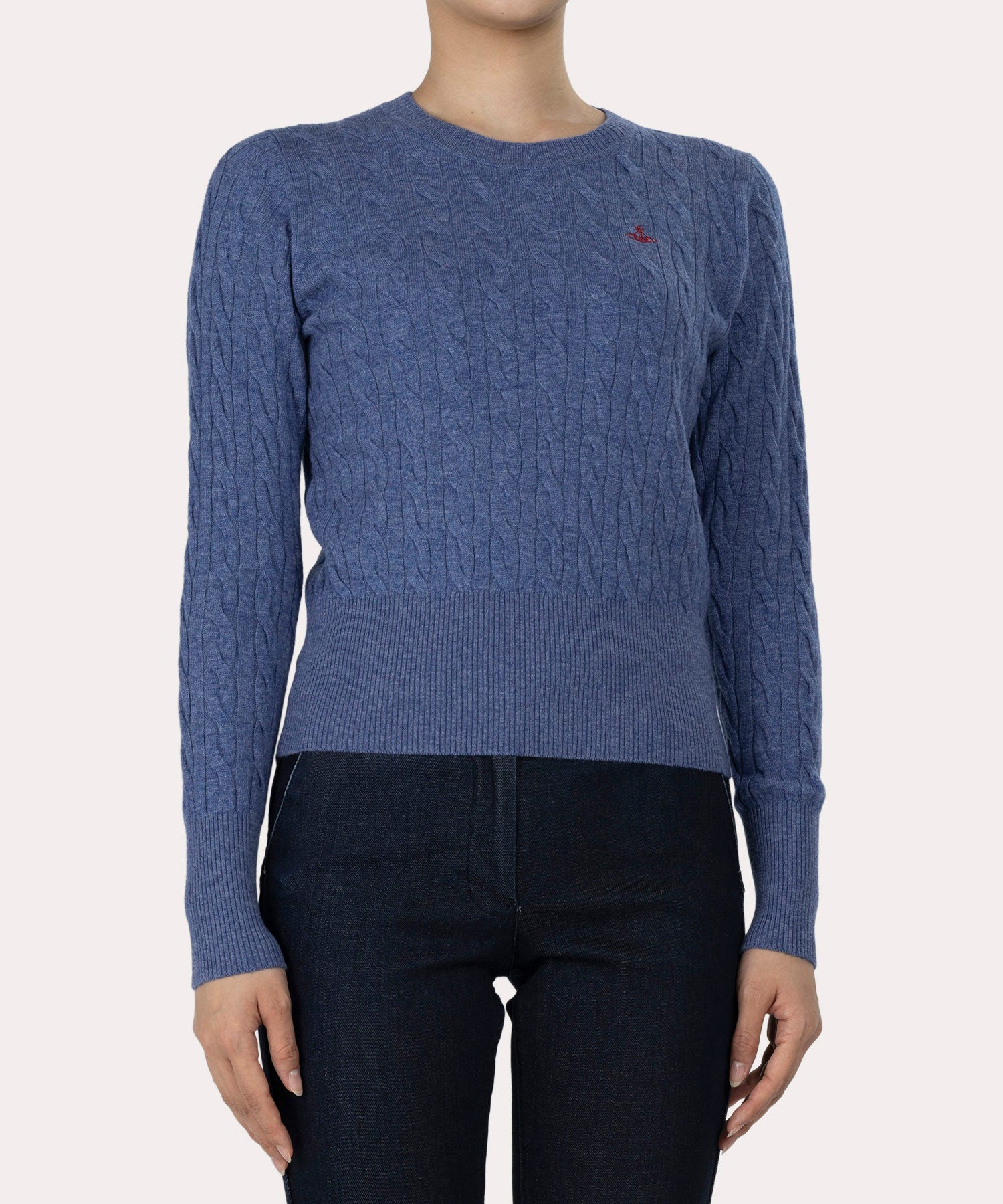 ウーレンケーブル クルーネックニット(ブルー)（レディース