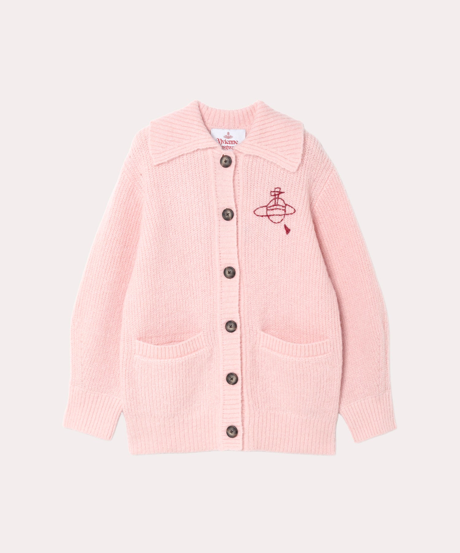 ヘアリーニット 衿付きカーディガン(ピンク)（レディース