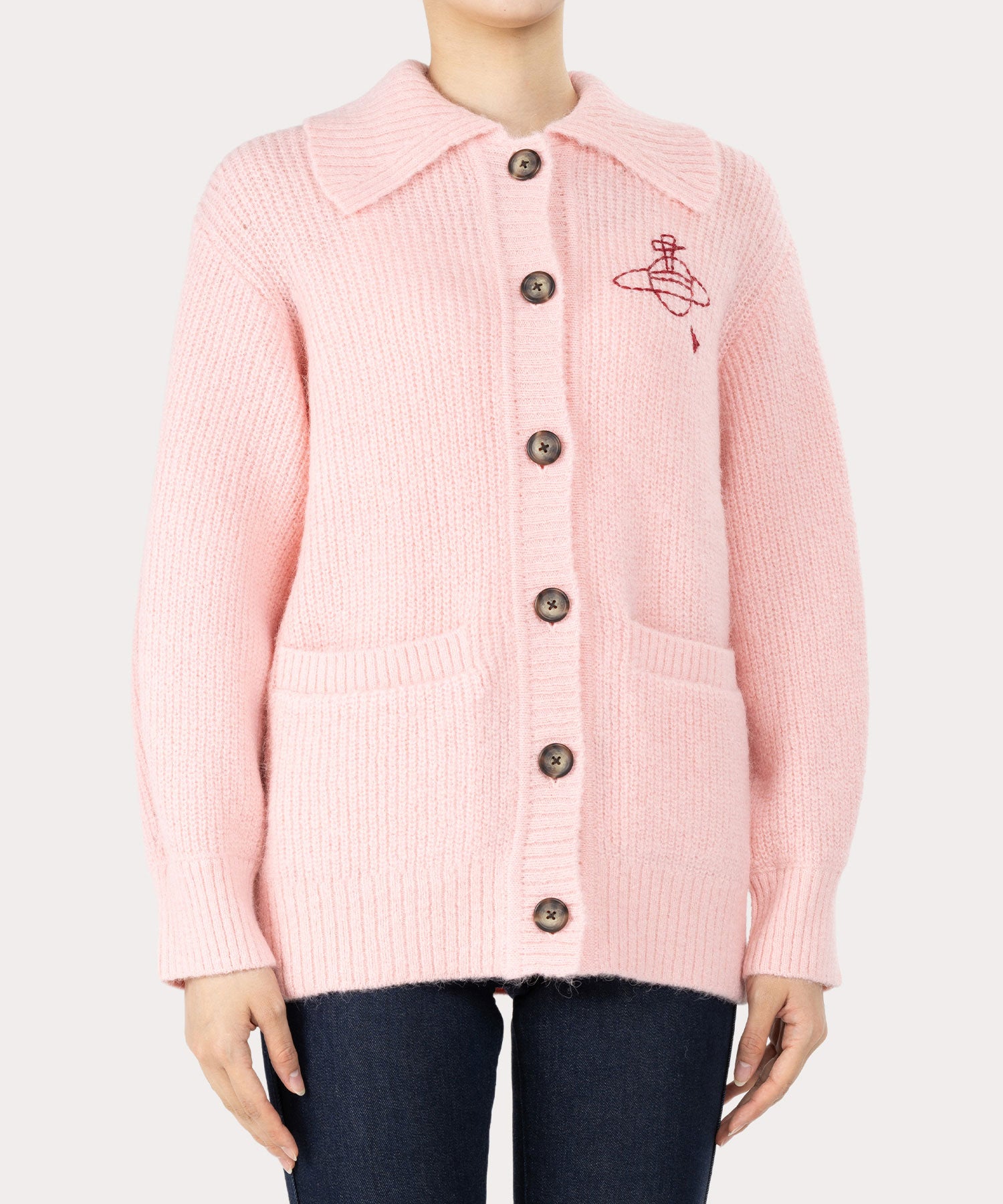 ヘアリーニット 衿付きカーディガン(ピンク)（レディース