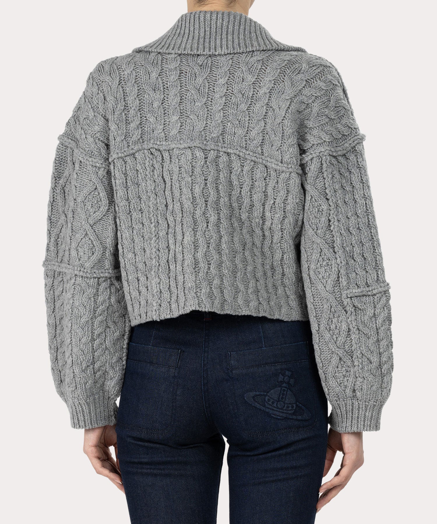 パッチワーク ケーブルニット(ライトグレー)（レディース