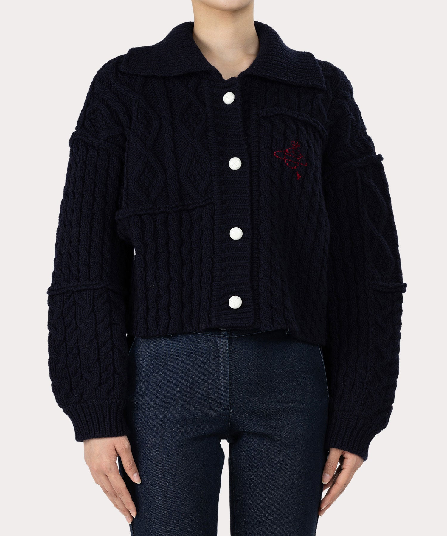 パッチワーク ケーブルニット(ブルー)（レディース）（1612152028