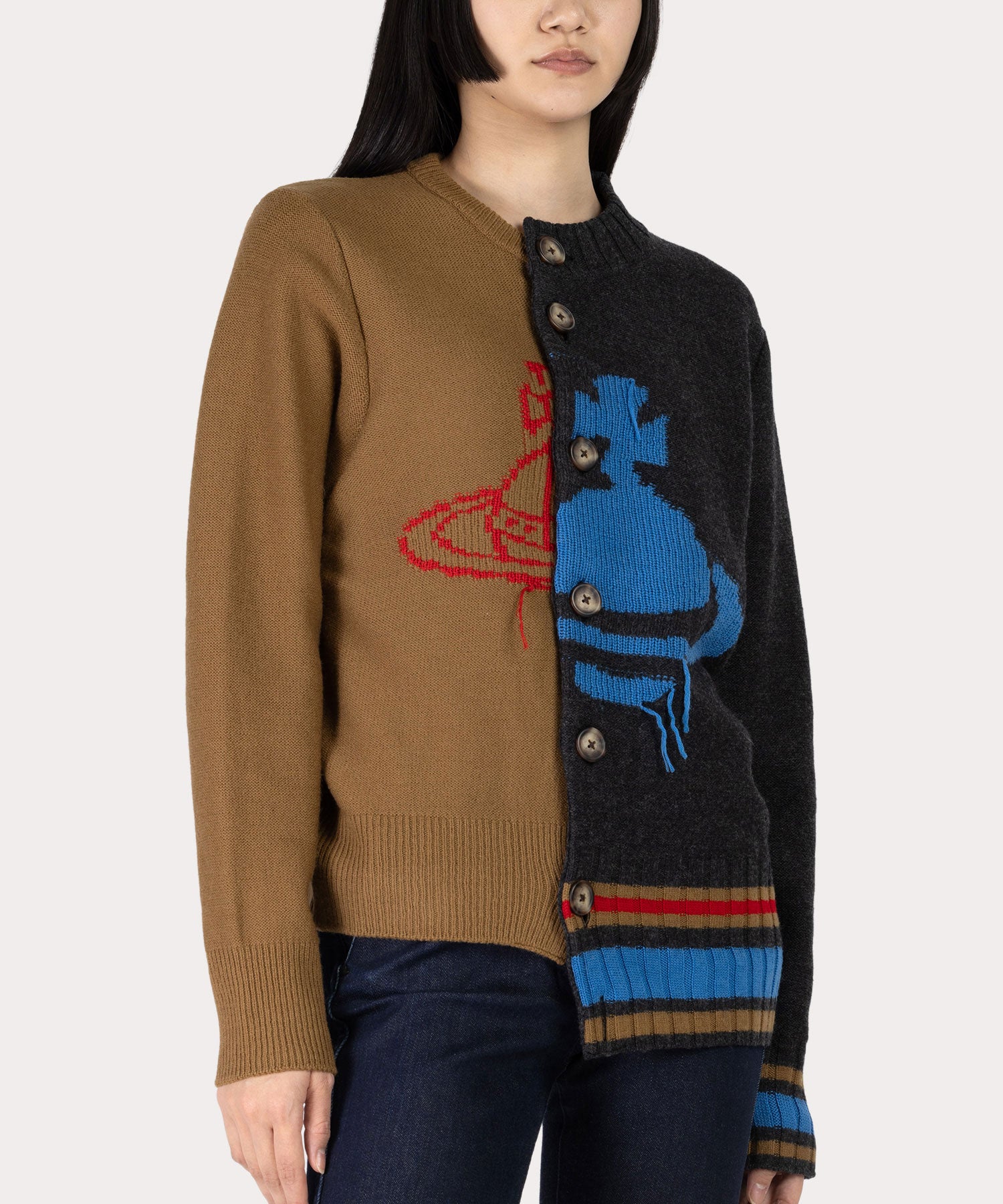 HALF & HALF クルーネックカーディガン(グレー)（レディース