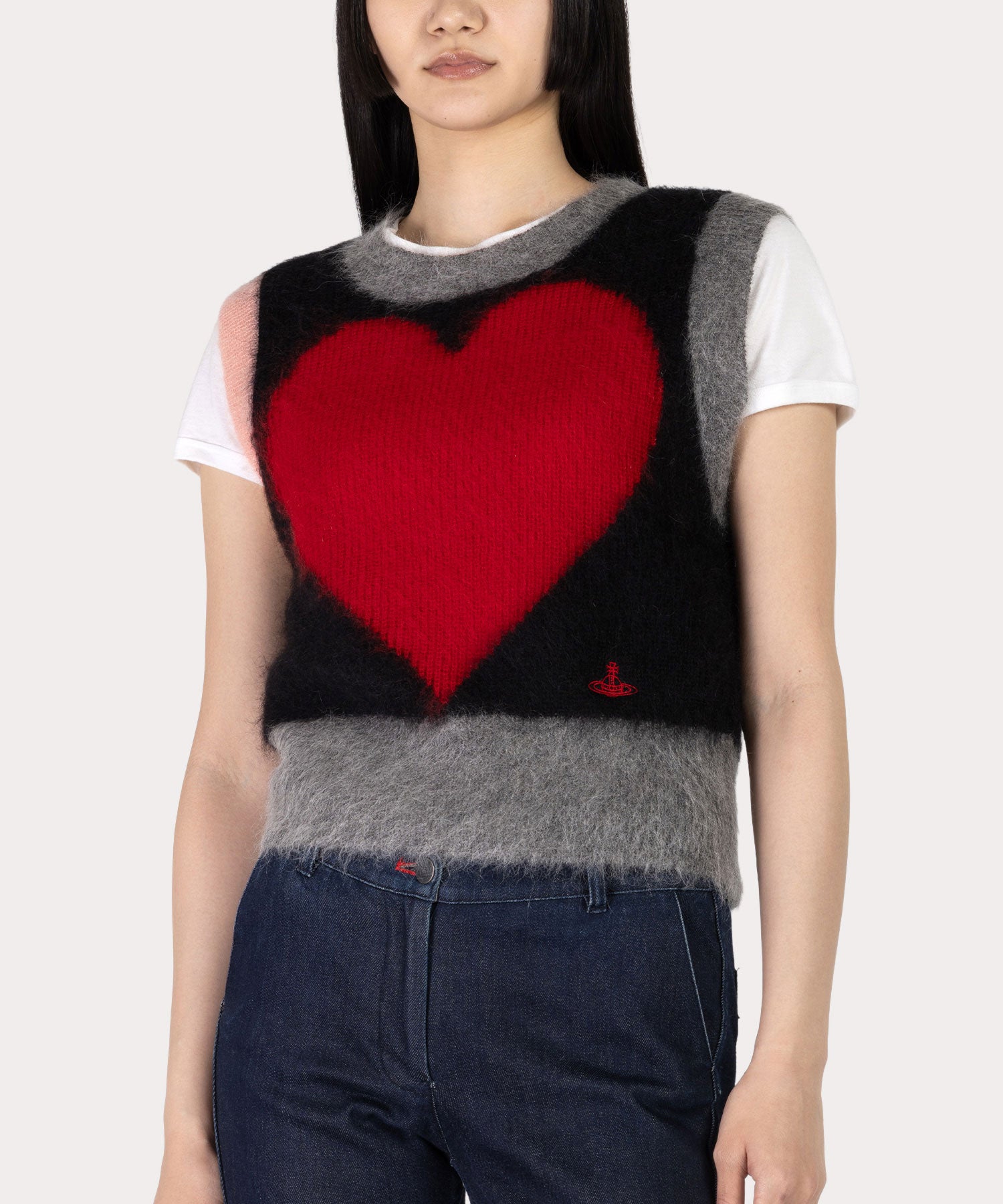 ハートインターシャ ニットベスト(ブラック)（レディース