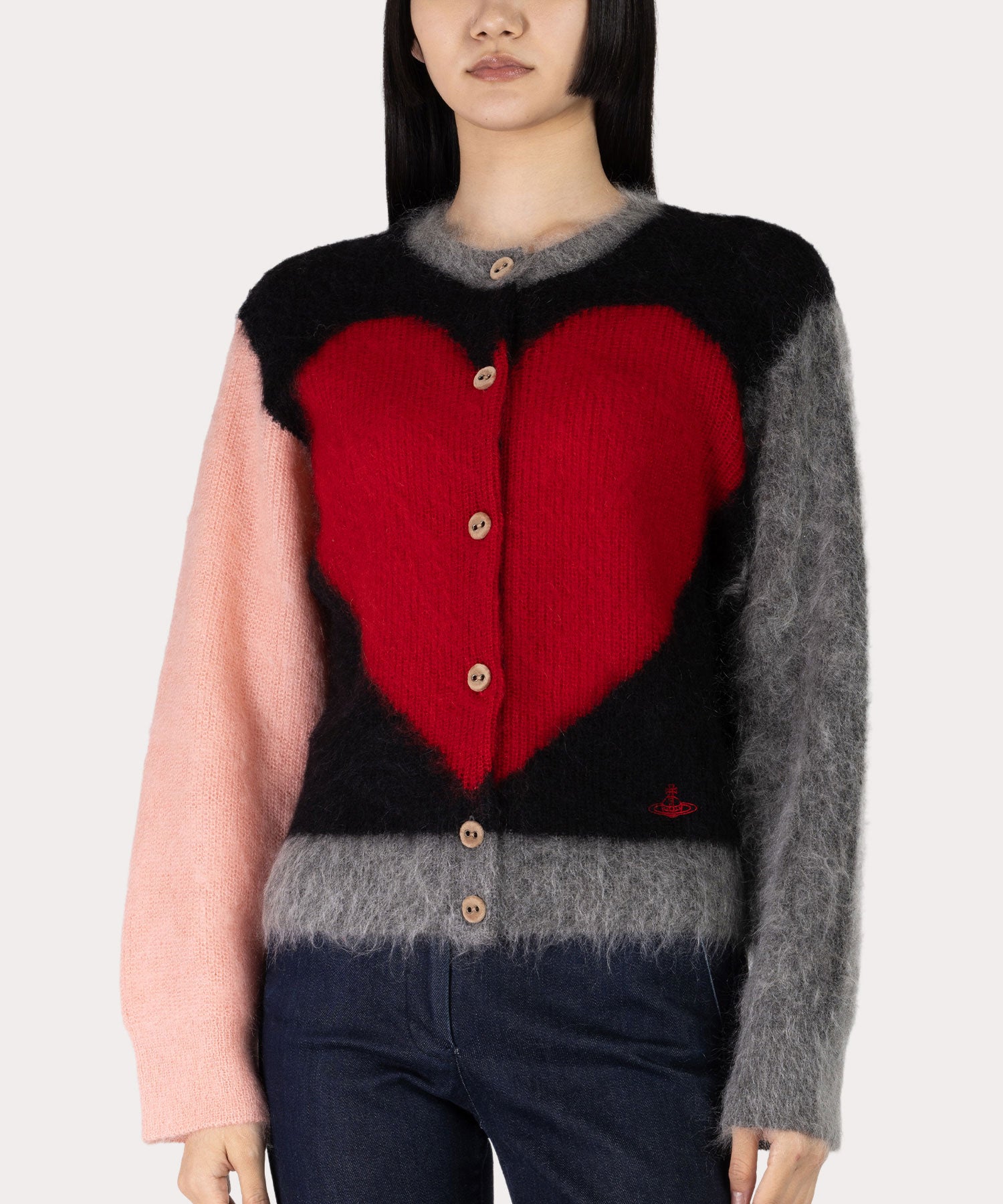 ハートインターシャ ニットカーディガン(ブラック)（レディース