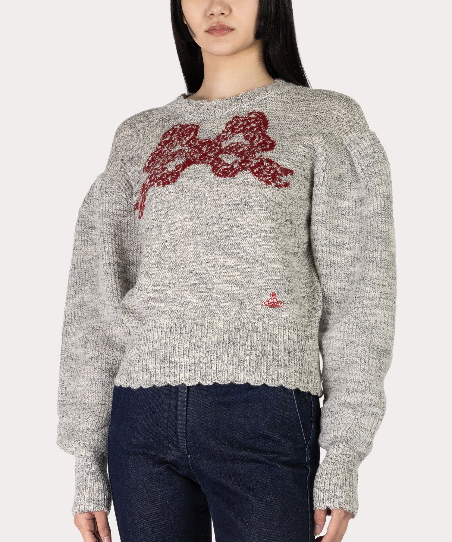 リボンインターシャ ニット(オフホワイト)（レディース）（1612152035