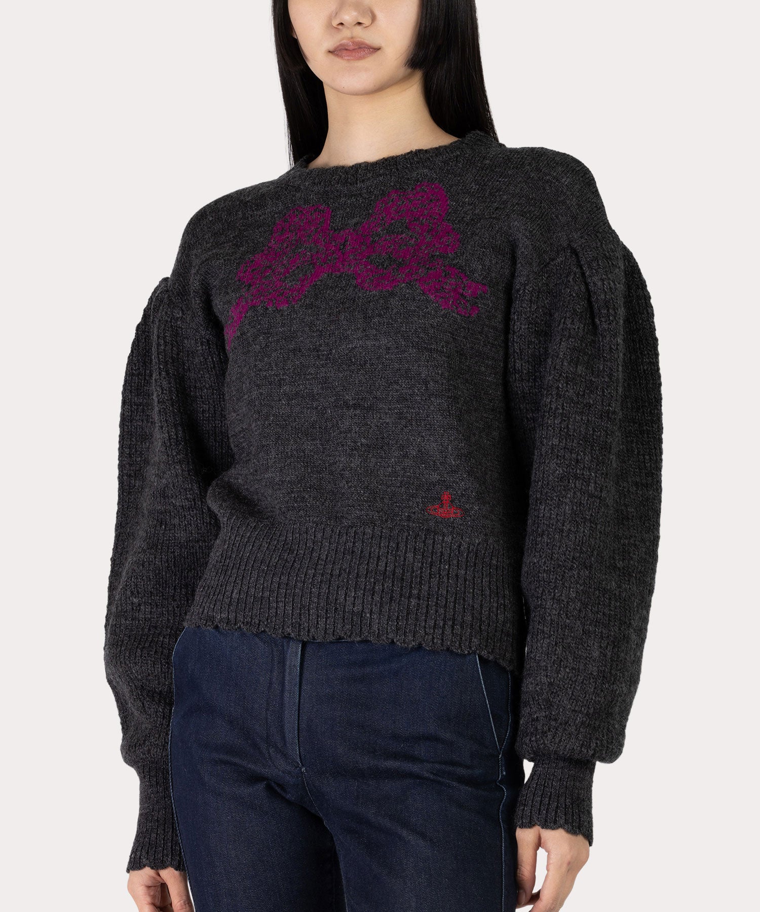 ヴィヴィアンウエストウッドリボン付きブラックニットセーター リボンインターシャ ニット(グレー)（レディース）（1612152035