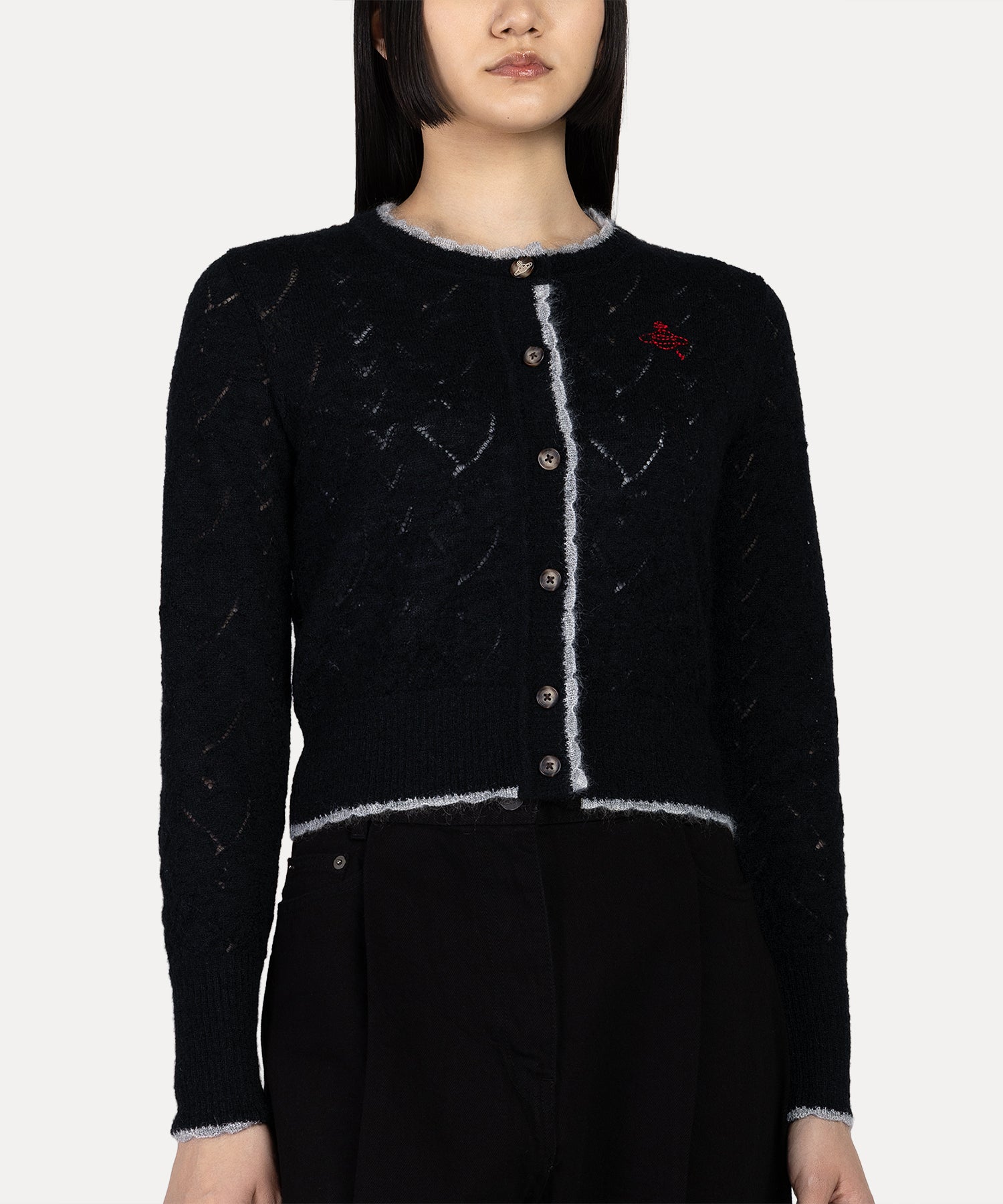 ハートニット クルーネックカーディガン(ブラック)（レディース