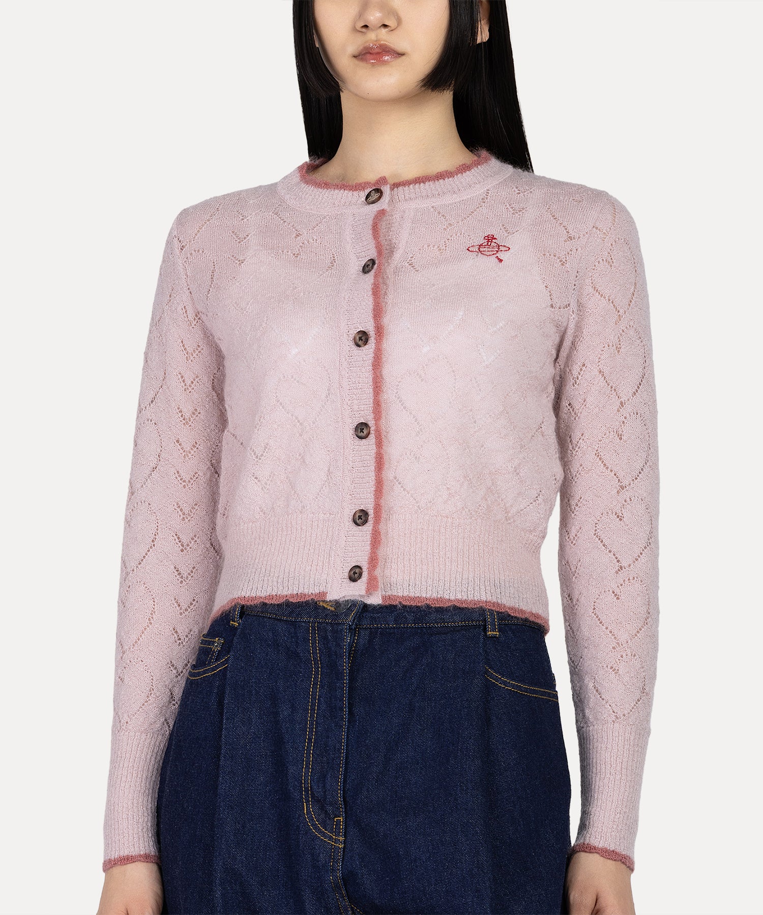 ハートニット クルーネックカーディガン(ピンク)（レディース