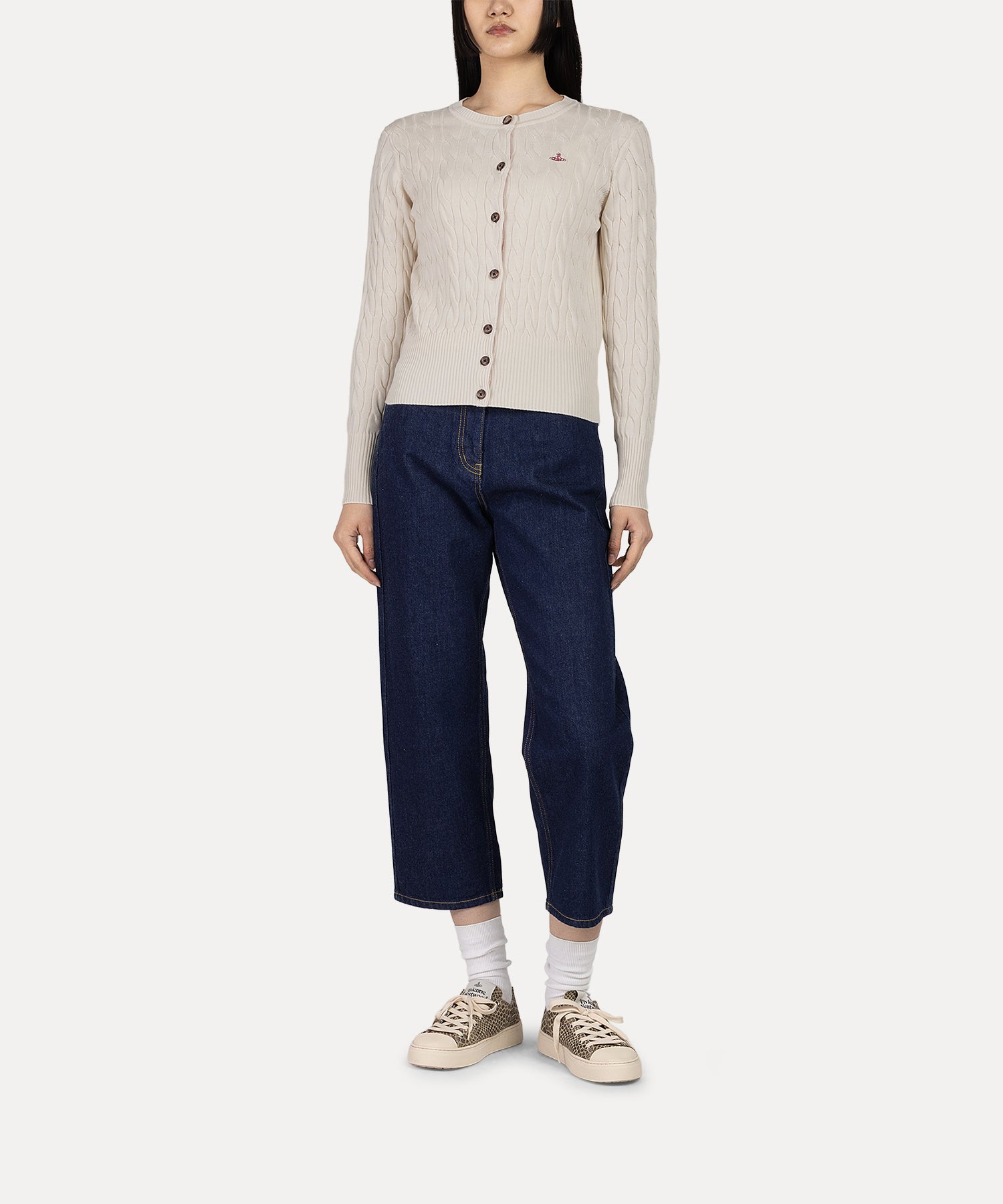 ケーブル クルーネックカーディガン(オフホワイト)（レディース