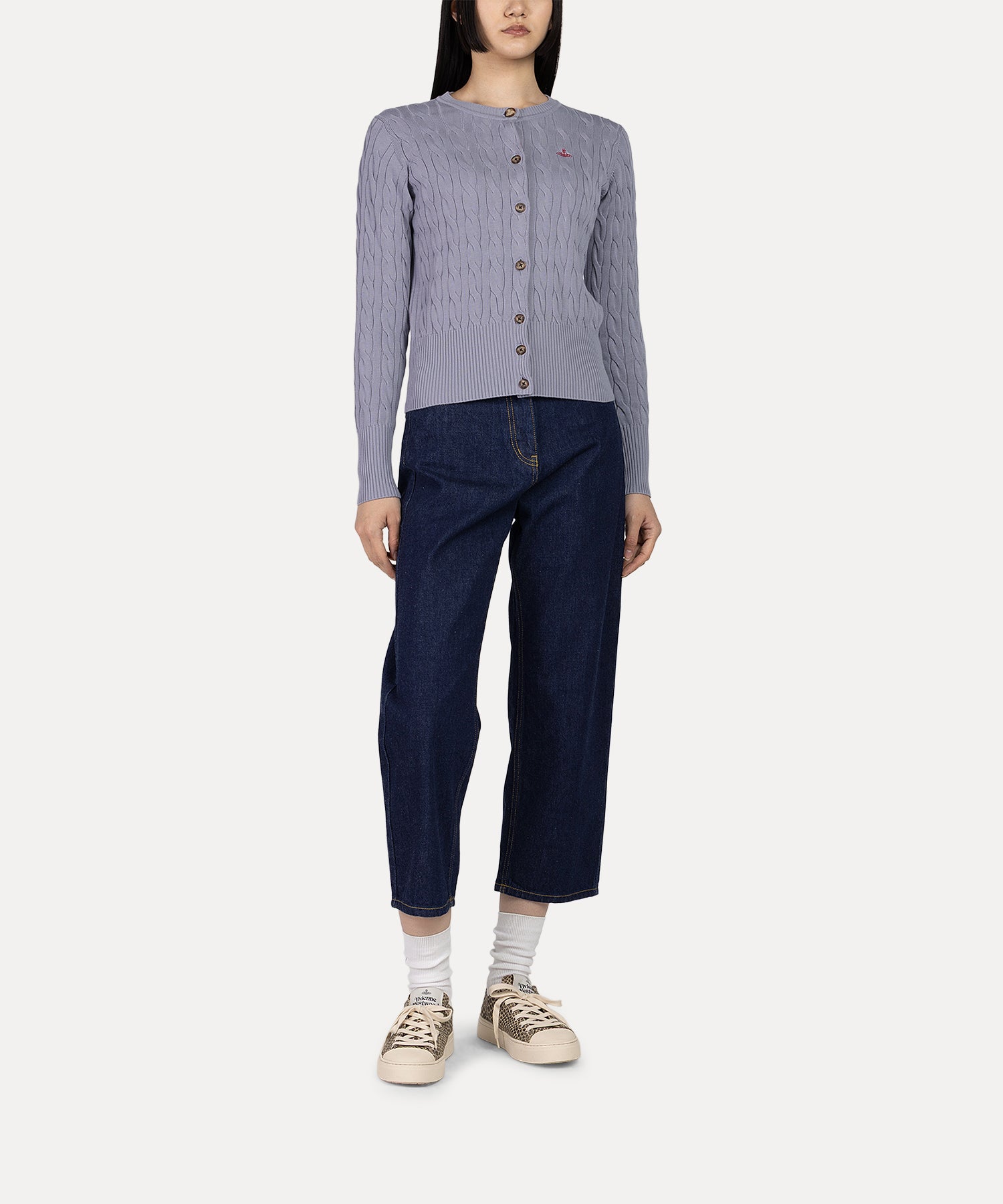 ケーブル クルーネックカーディガン(ライトグレー)（レディース