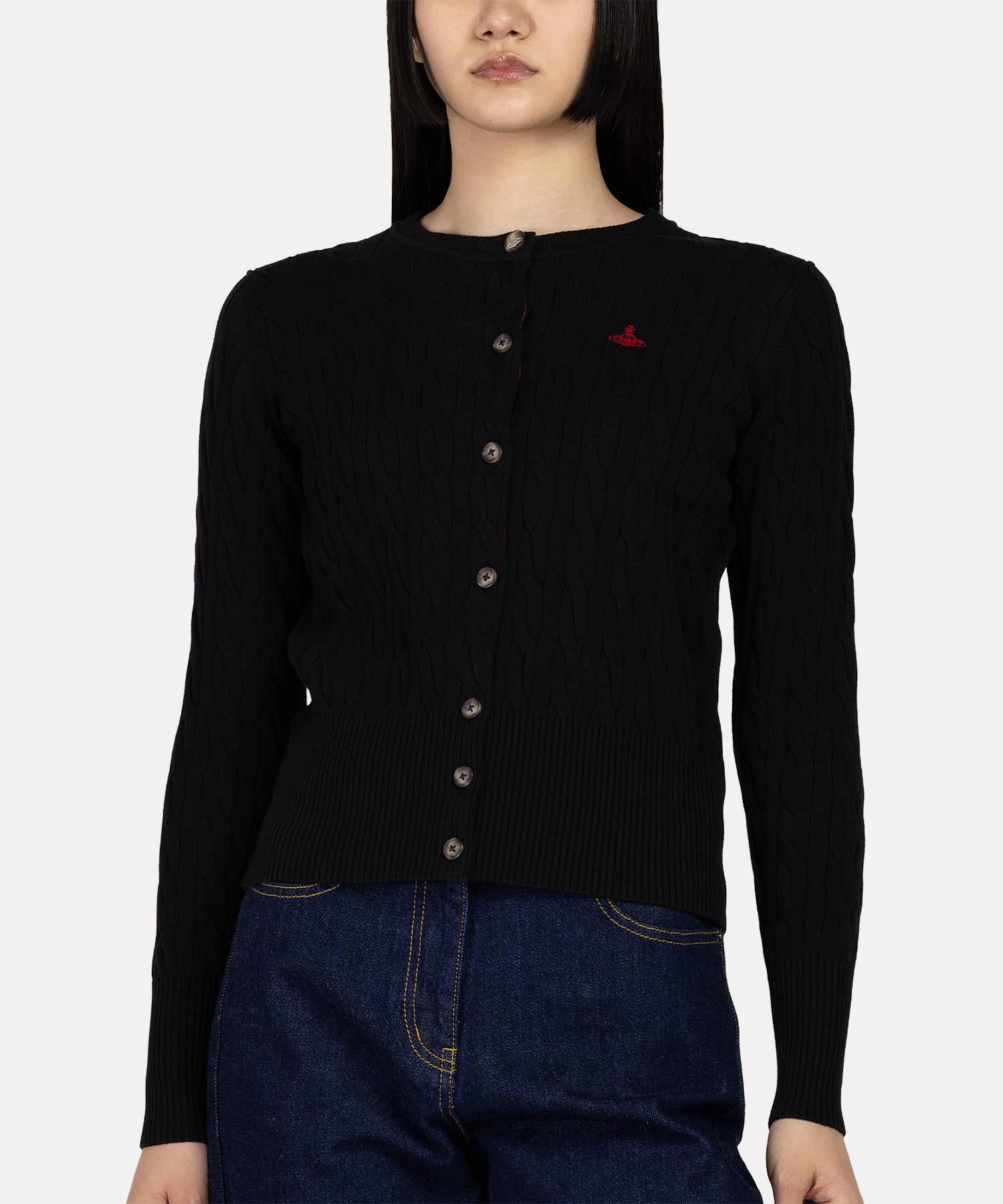 ケーブル クルーネックカーディガン(ブラック)（レディース