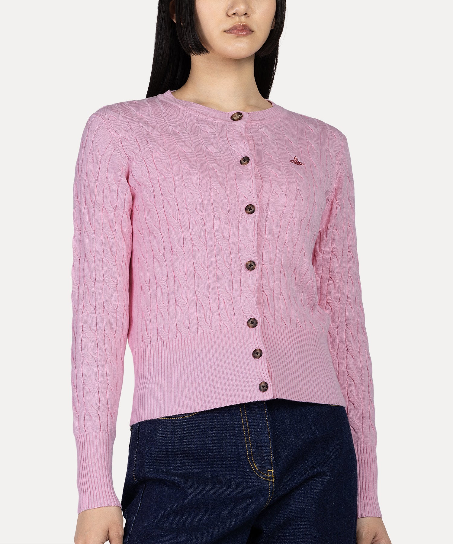 ケーブル クルーネックカーディガン(ピンク)（レディース