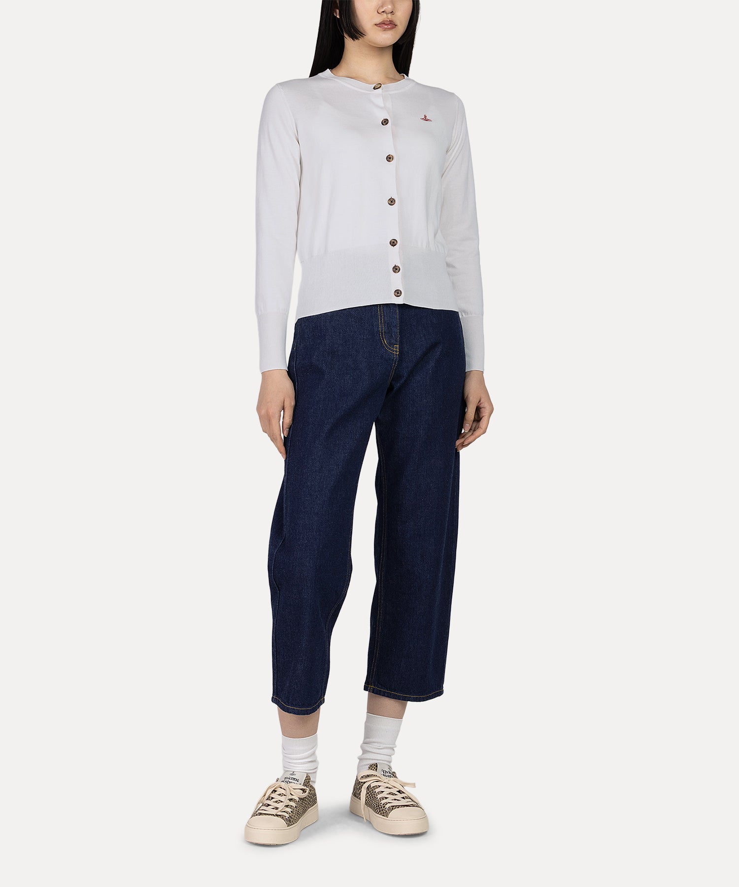 ベーシック クルーネックカーディガン(ホワイト)（レディース