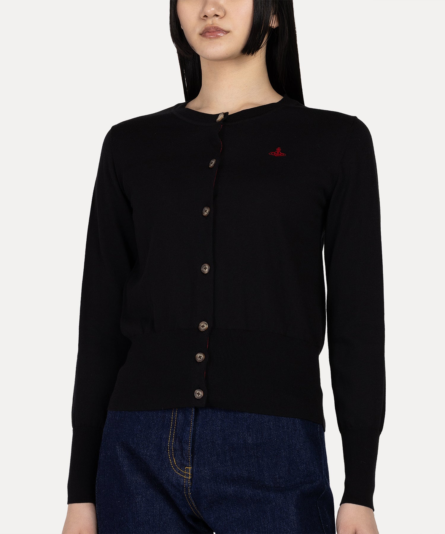 ヴィヴィアンウエストウッド カーディガン M 毛100% イタリア製 3529 ベーシック クルーネックカーディガン(ブラック)（レディース