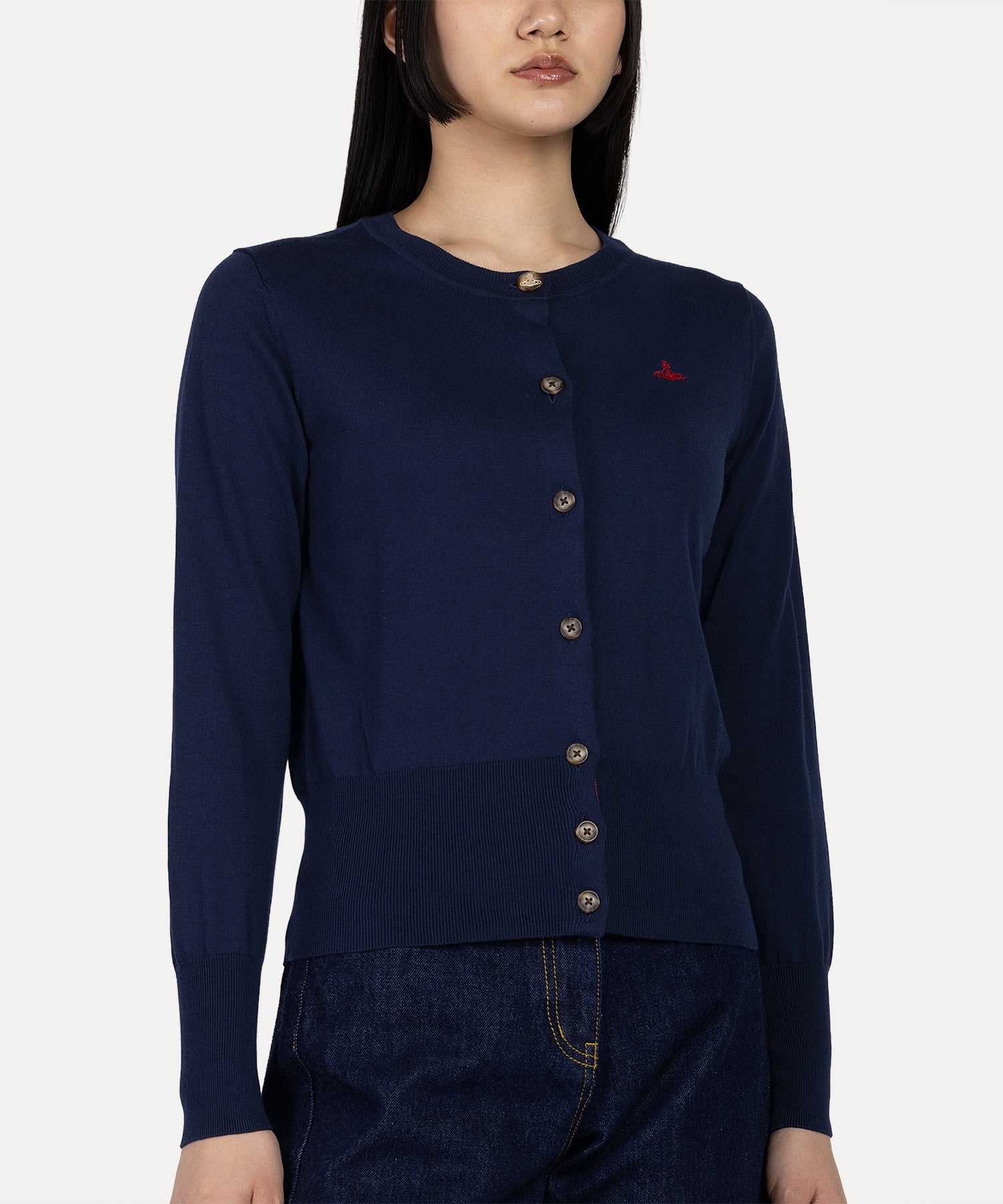 ベーシック クルーネックカーディガン(ブルー)（レディース