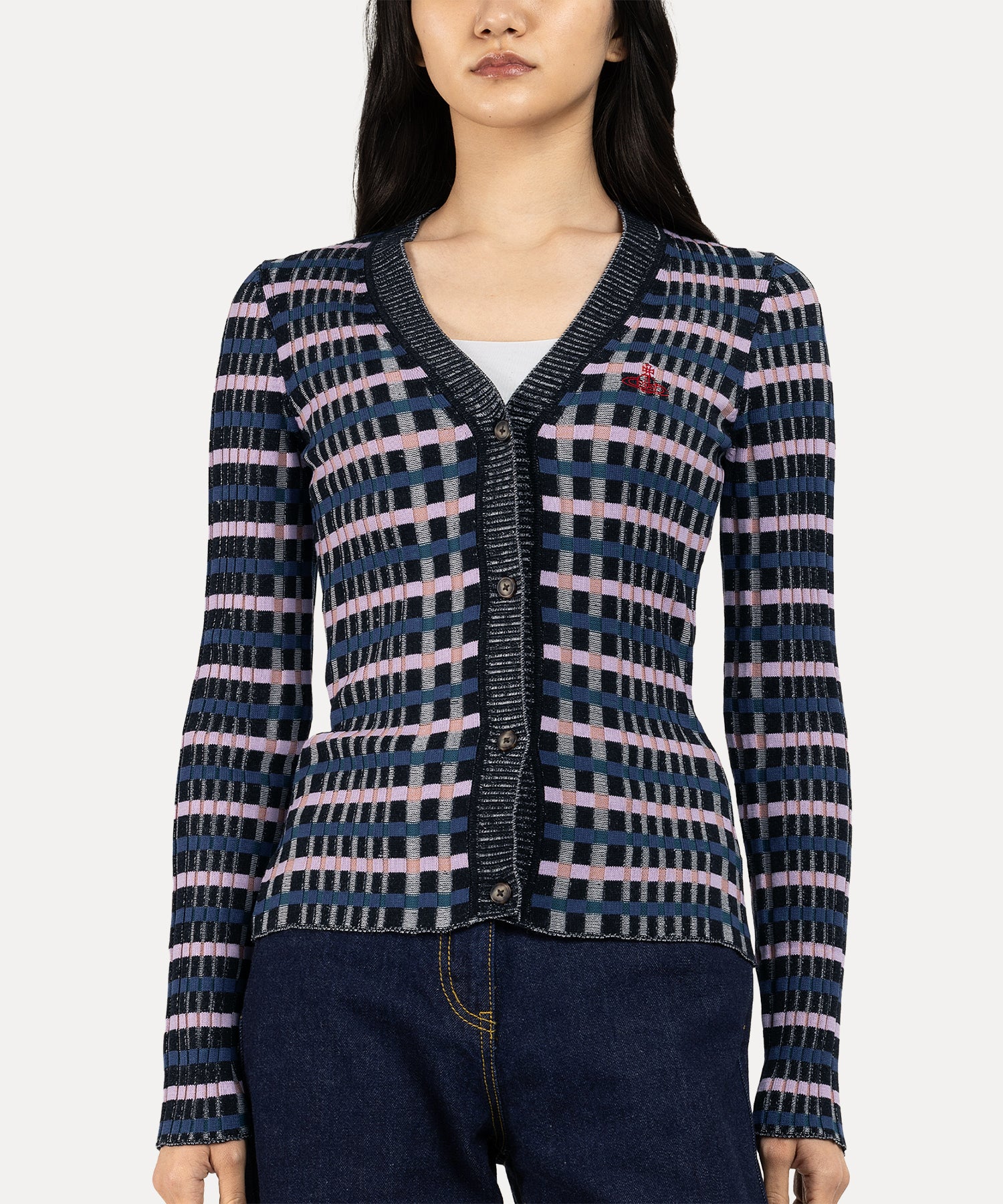 マルチカラーリブニット Vネックカーディガン(ブラック系)（レディース