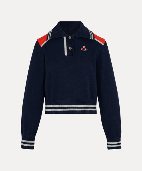 コットンニット パネルカラー トップ(ネイビー)（レディース