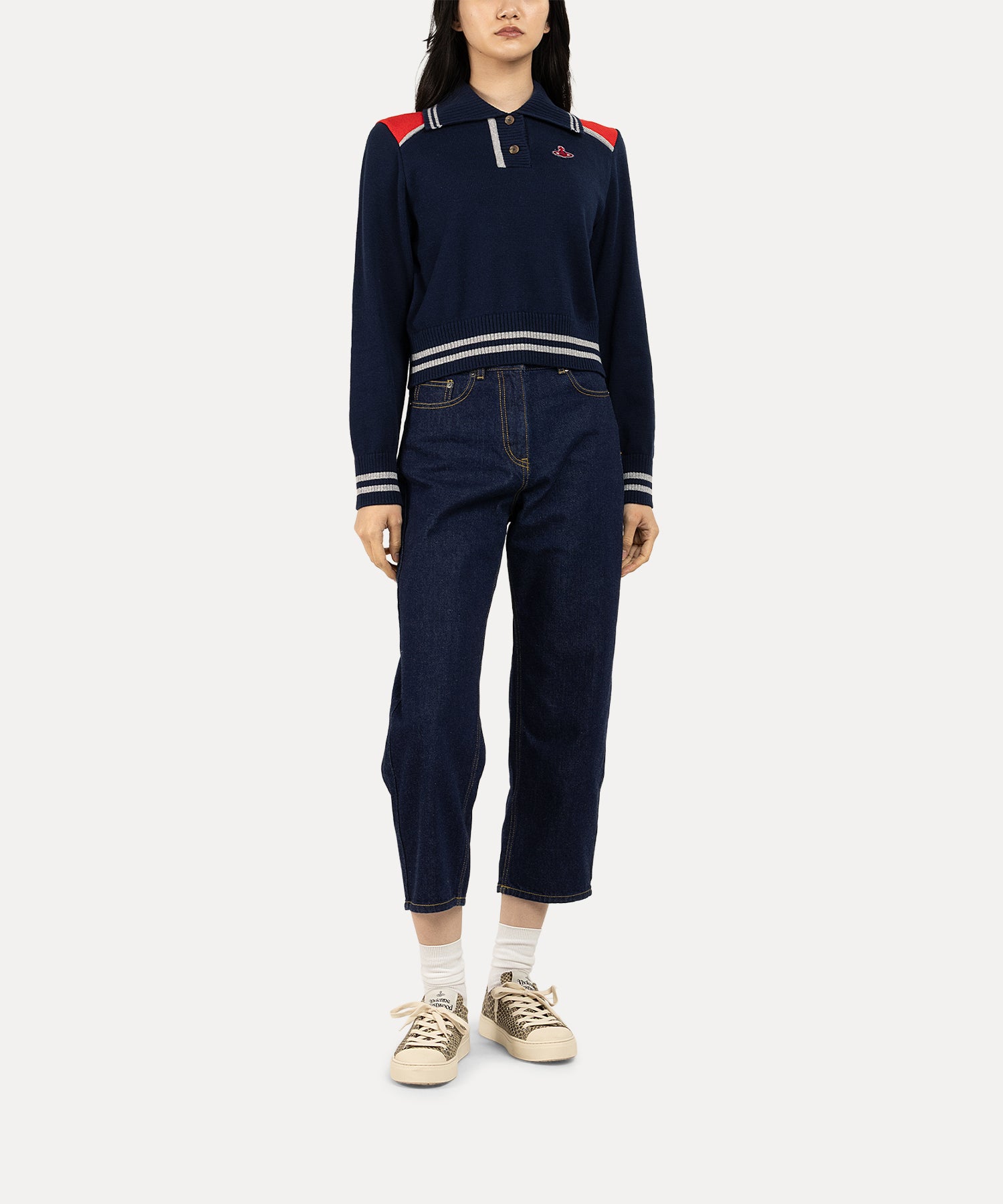 コットンニット パネルカラー トップ(ネイビー)（レディース