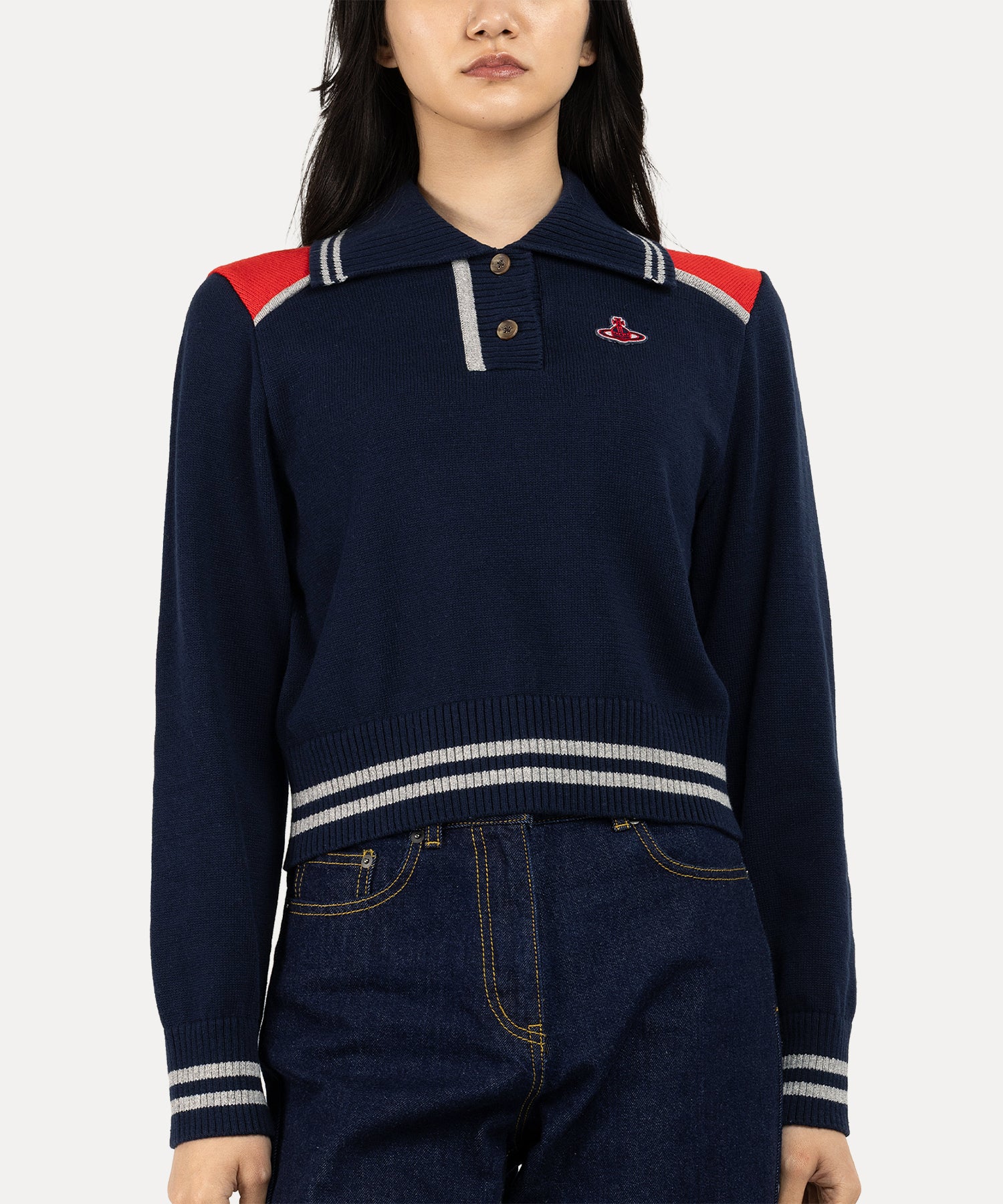 コットンニット パネルカラー トップ(ネイビー)（レディース