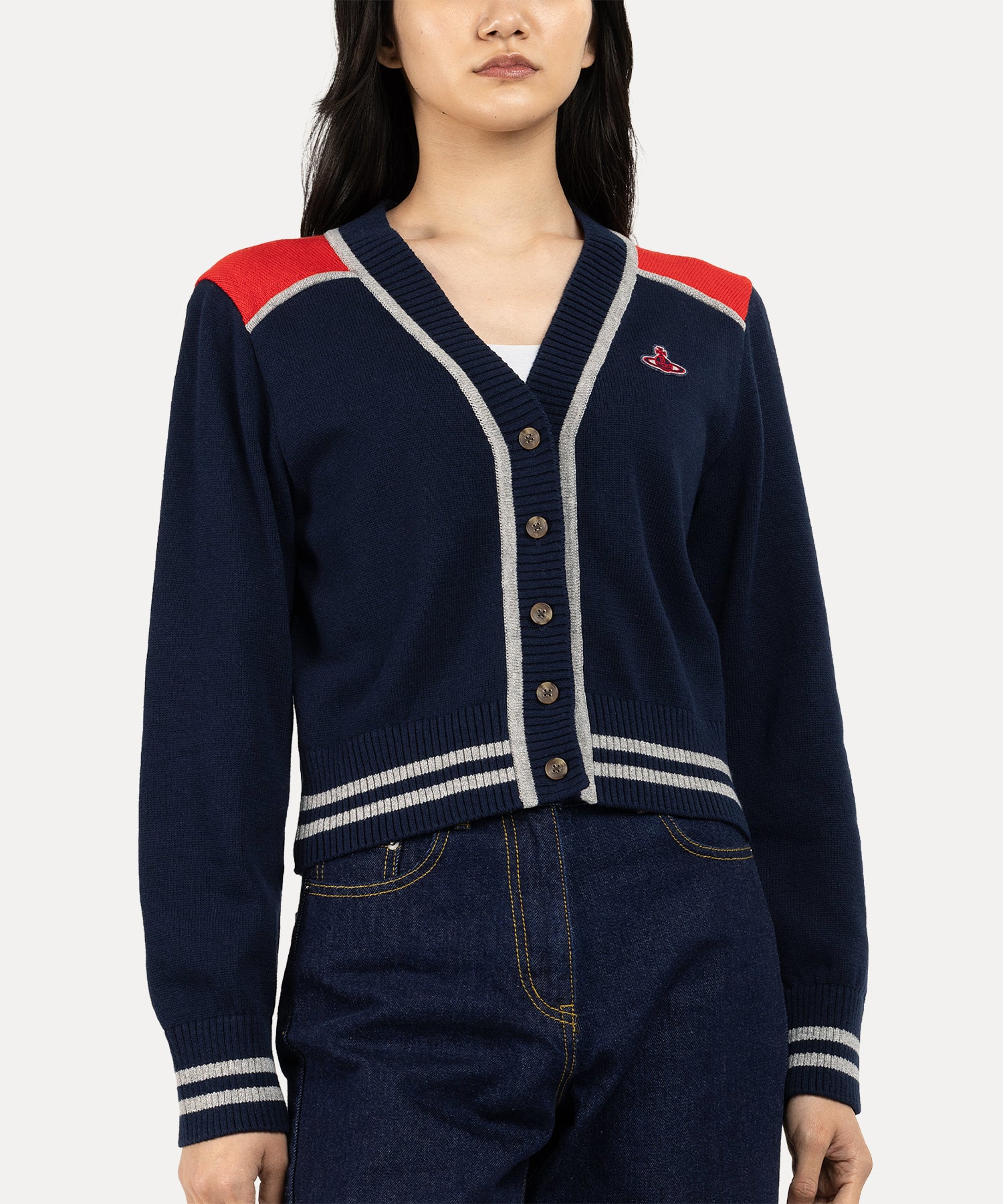 コットンニット パネルカラーカーディガン(ネイビー)（レディース