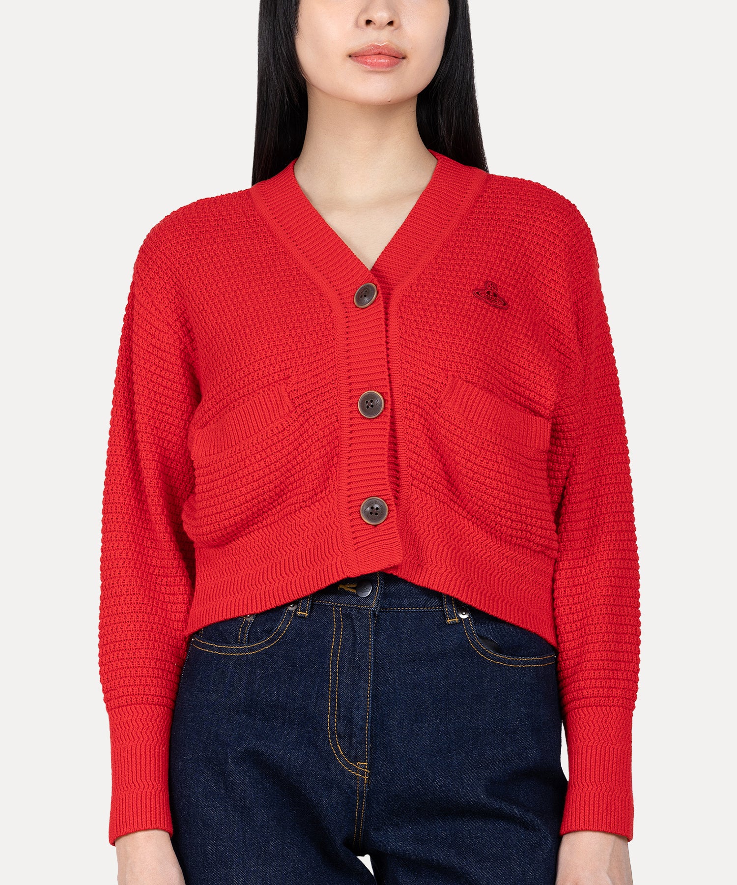 スレットリンクスニット Vネックカーディガン(レッド)（レディース