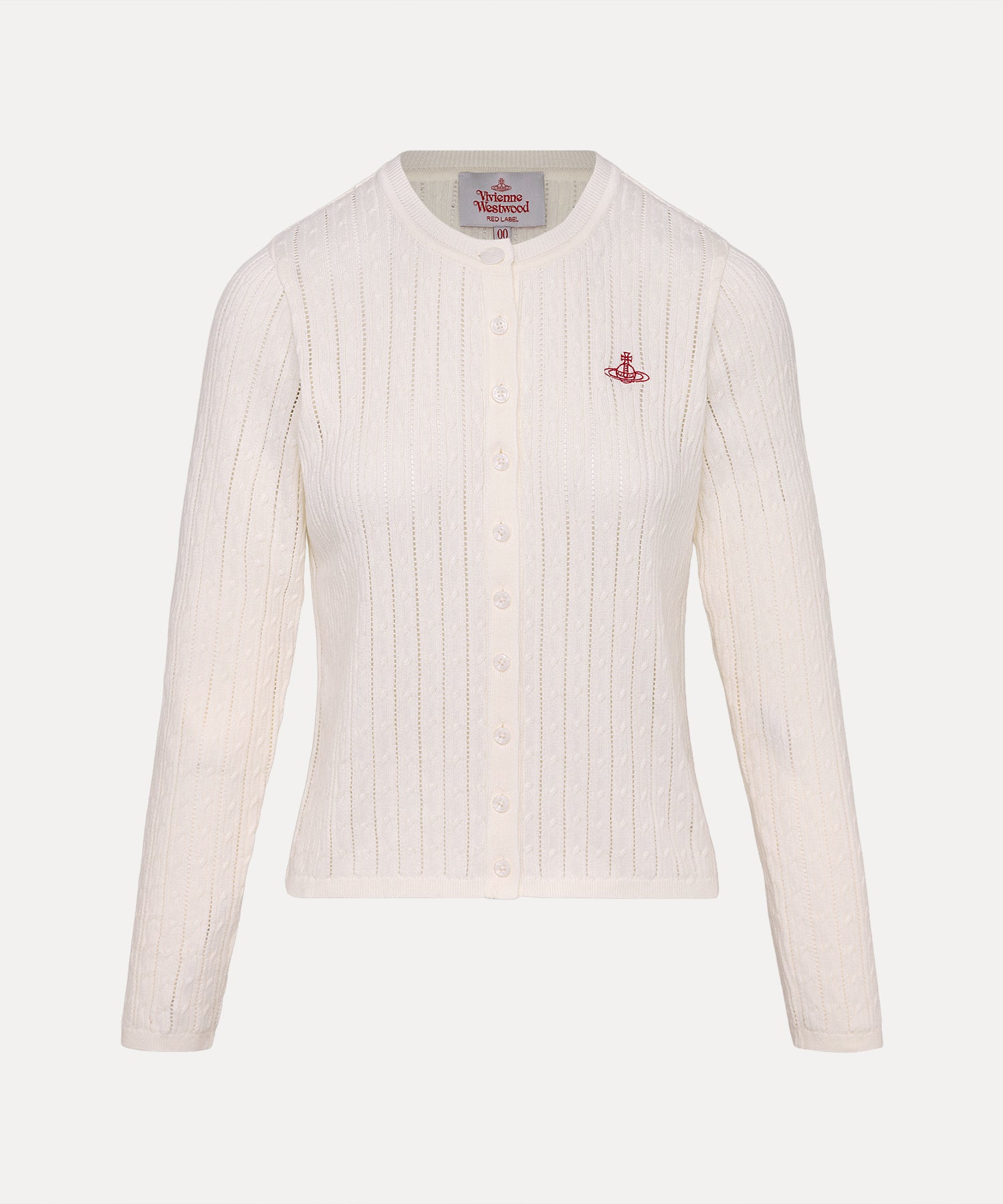 アイレットケーブルクルーネックカーディガン(ホワイト)（レディース