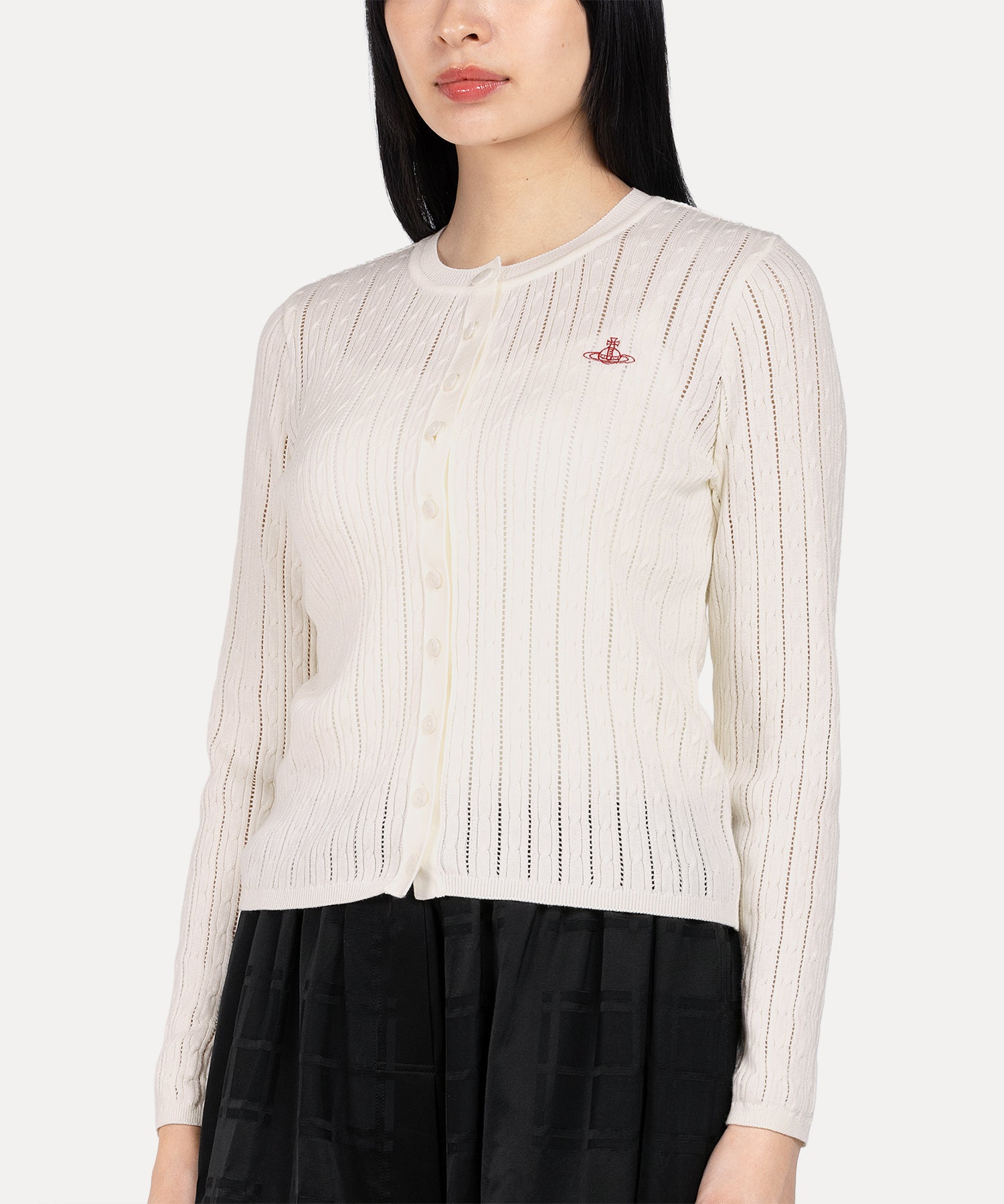 アイレットケーブルクルーネックカーディガン(ホワイト)（レディース