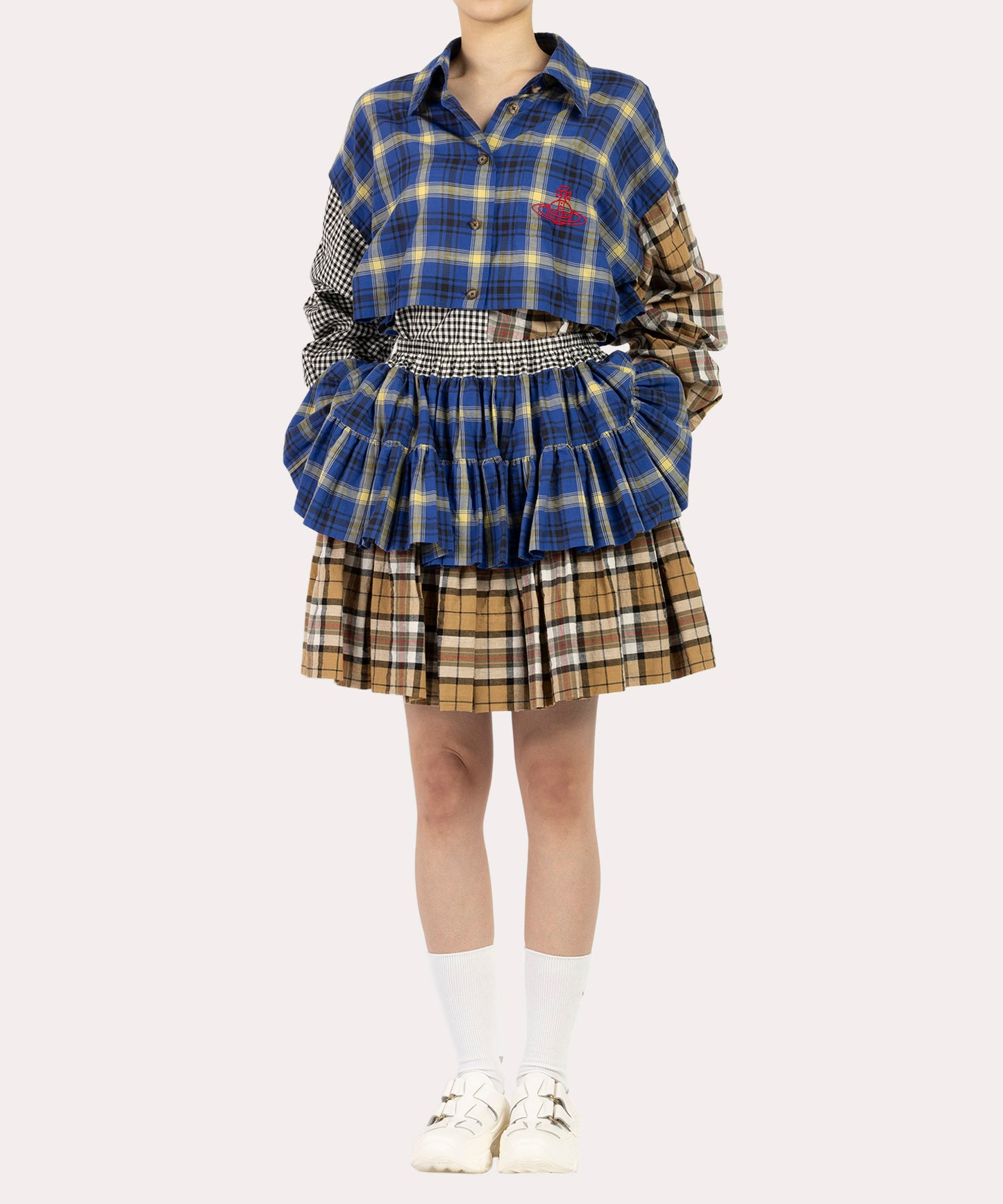 トリプルチェックブロッキング ギャザー ボリュームミニスカート