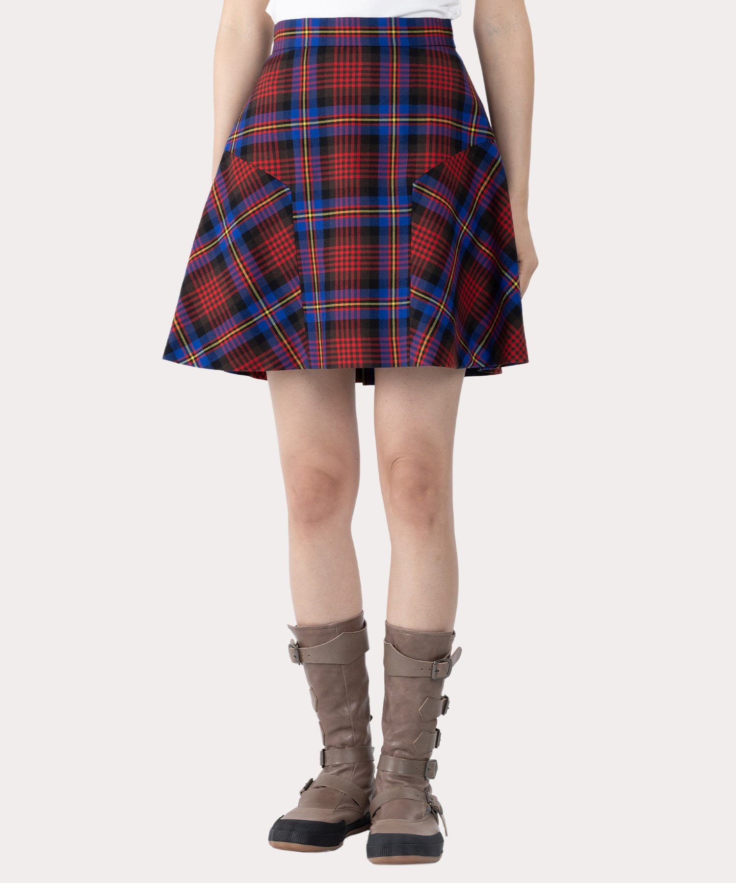 TARTAN CHECK バックプリーツミニスカート(ブルー)（レディース