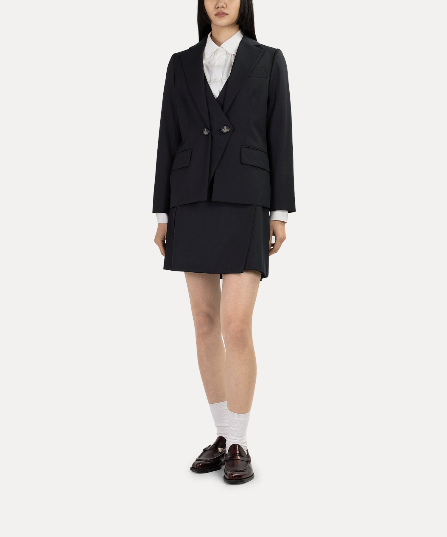 ウールギャバ バックプリーツミニスカート(ブラック)（レディース