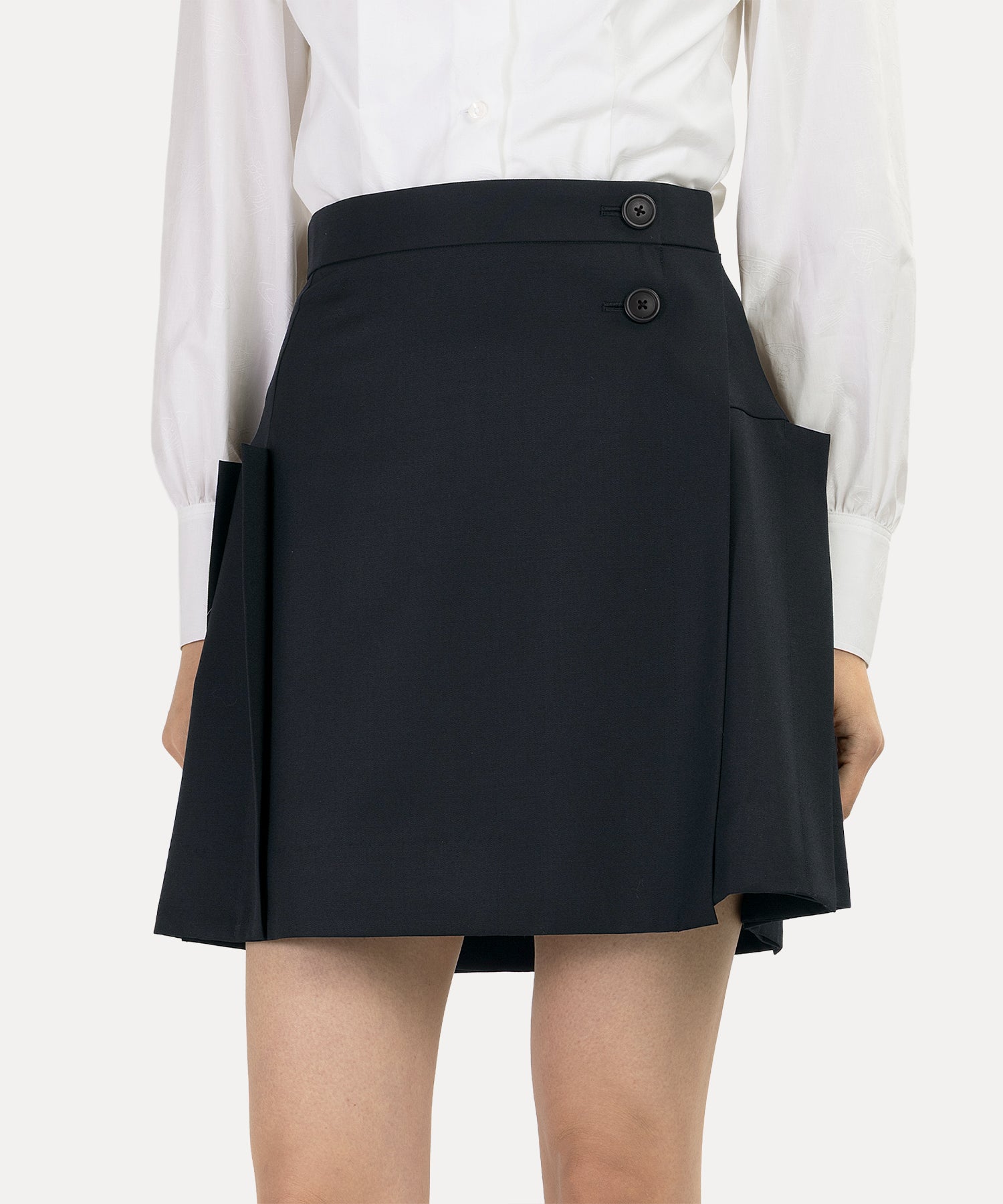 ウールギャバ バックプリーツミニスカート(ブラック)（レディース