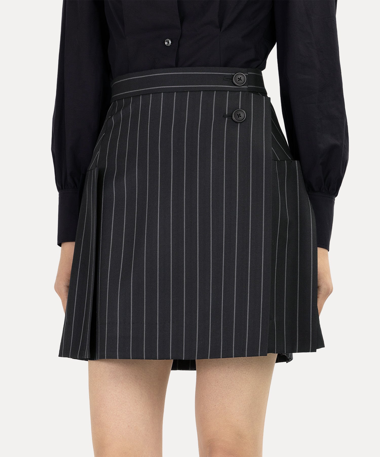 ウールギャバ バックプリーツミニスカート(ブラック)（レディース