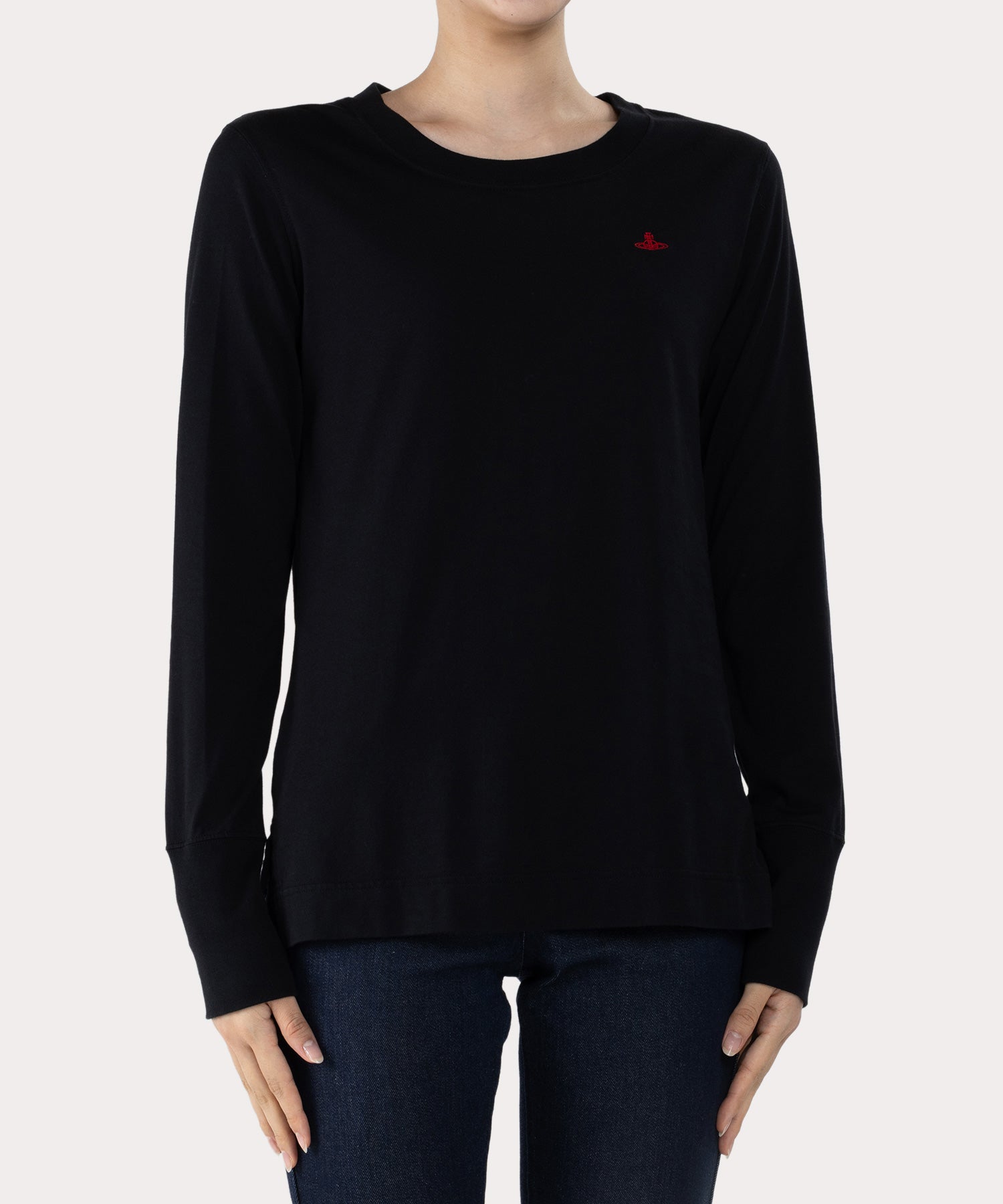 天竺ベーシック クルーネック 長袖Tシャツ(ブラック)（レディース