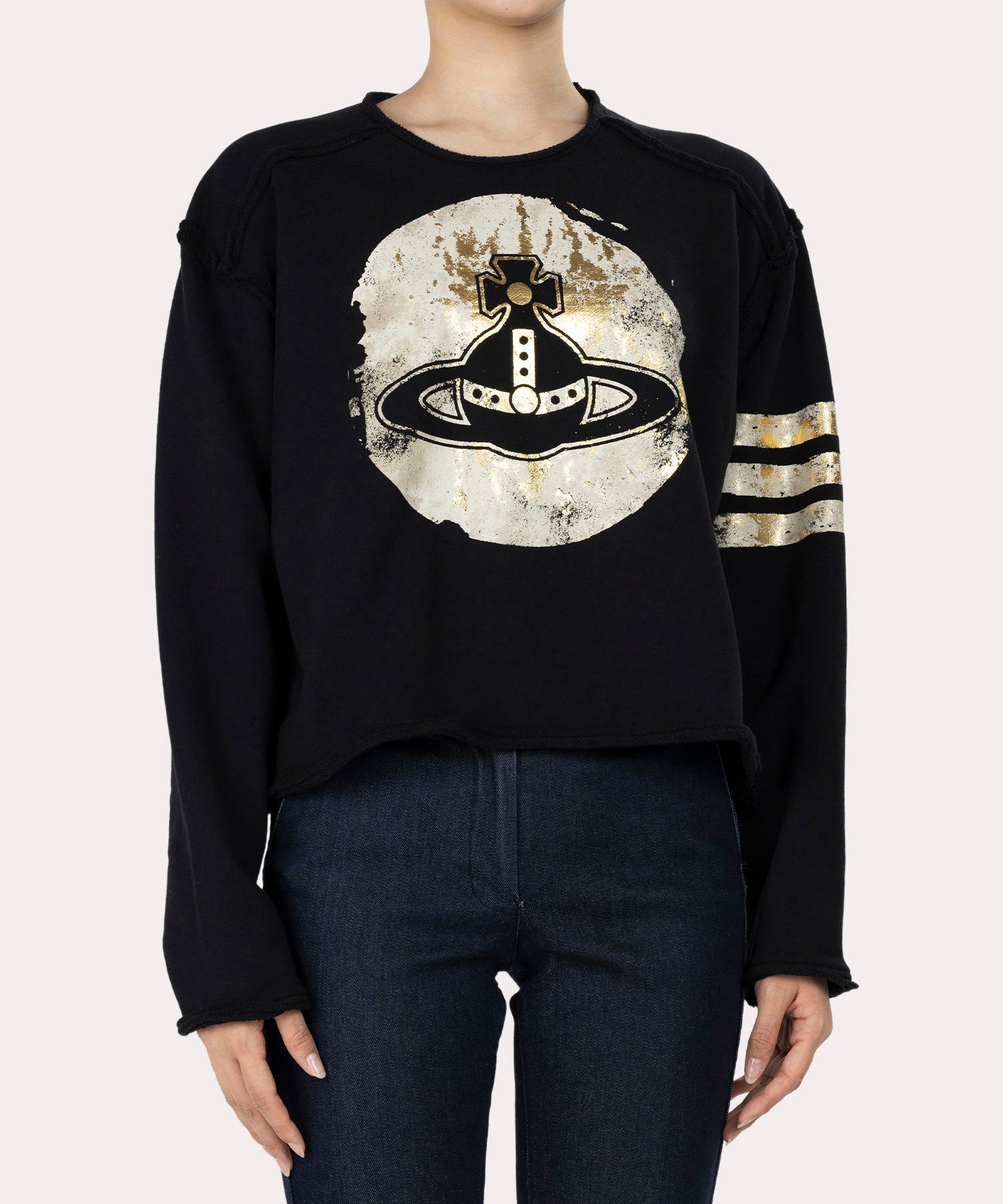 【Vivienne Westwood】ロングスリーブトップス38号 VARSITY ORB＆STRIPES ローエッジトップ(ブラック)（レディース