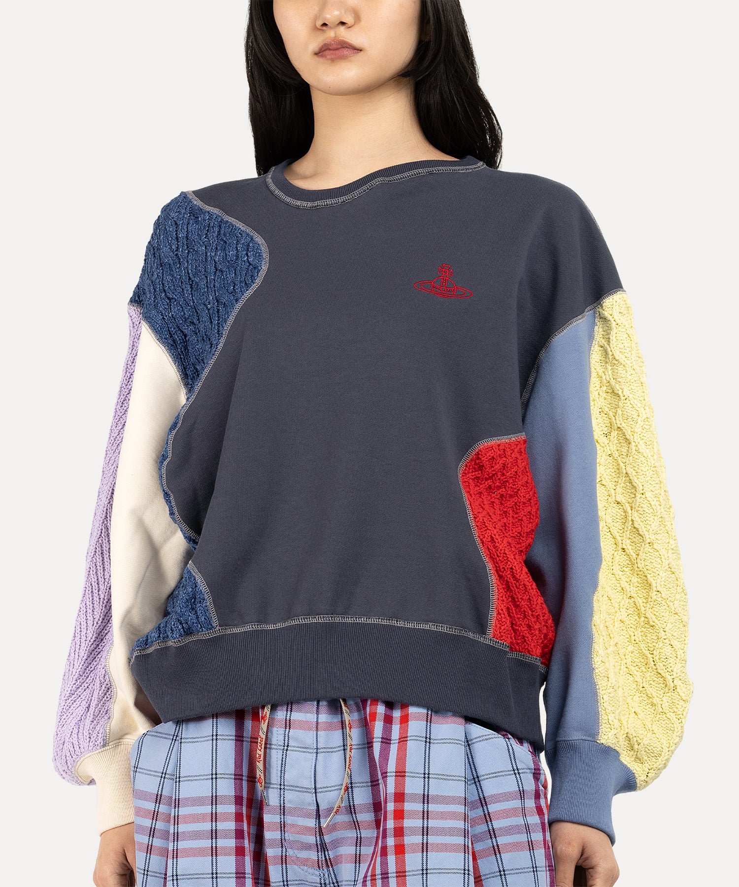 マルチニットブロッキング アニマルトップ(グレー系)（レディース